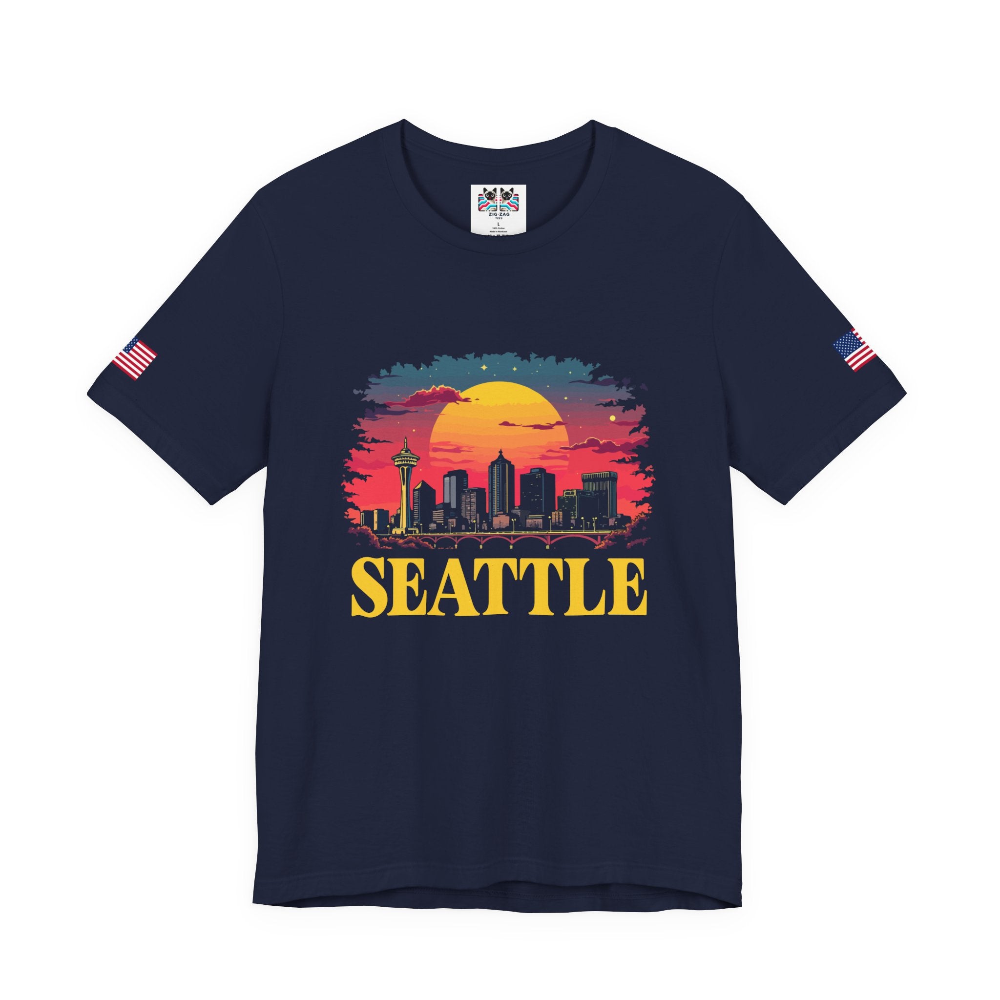 Seattle Retro Sunset Skyline Graphic T-Shirt | Emerald City Space Needle Night Sky Tee | Seattle Souvenir Shirt