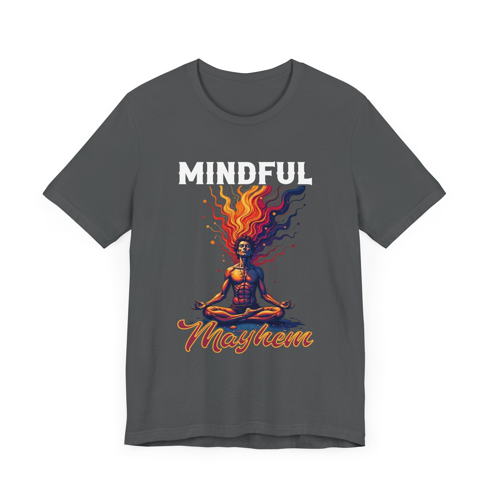 Mindful Mayhem – Meditating Man with Rising Flames Graphic T-Shirt