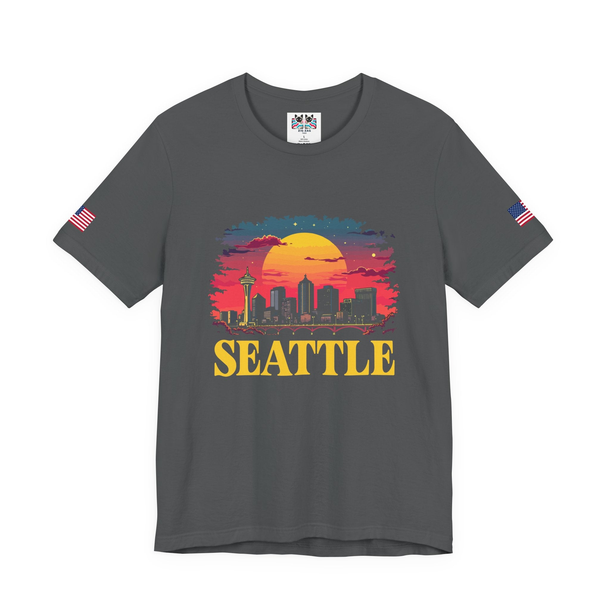 Seattle Retro Sunset Skyline Graphic T-Shirt | Emerald City Space Needle Night Sky Tee | Seattle Souvenir Shirt