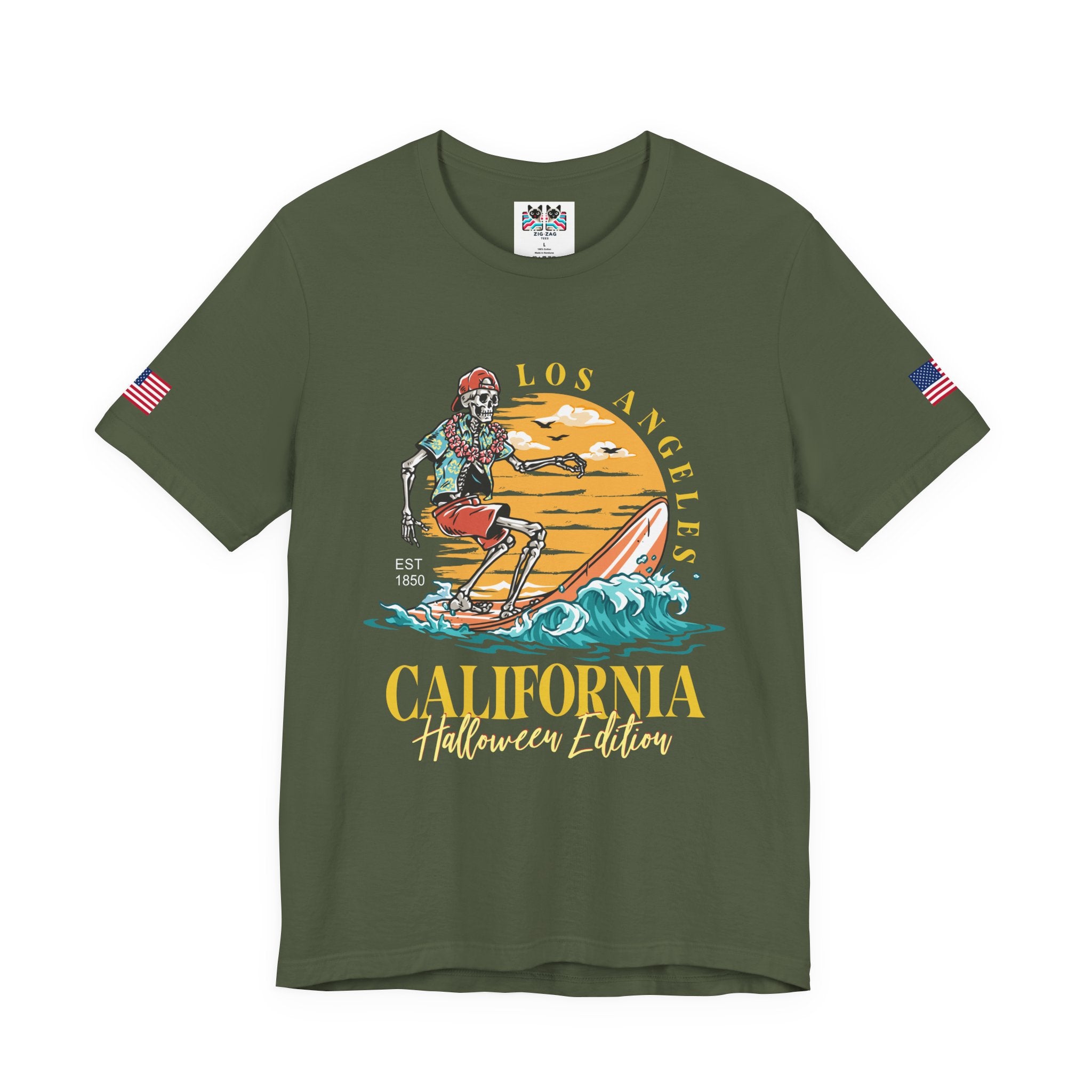 Los Angeles California Halloween Edition T-Shirt – Skeleton Surfer Beach EST 1850 Tee