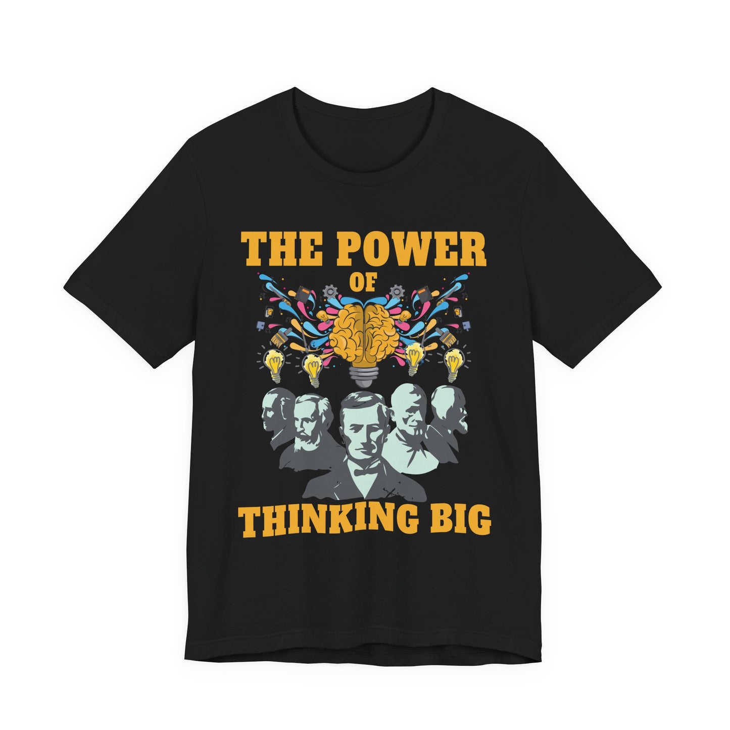 The Power of Thinking Big Tshirt – Brain with Great Scientists and Glowing Bulb Graphic