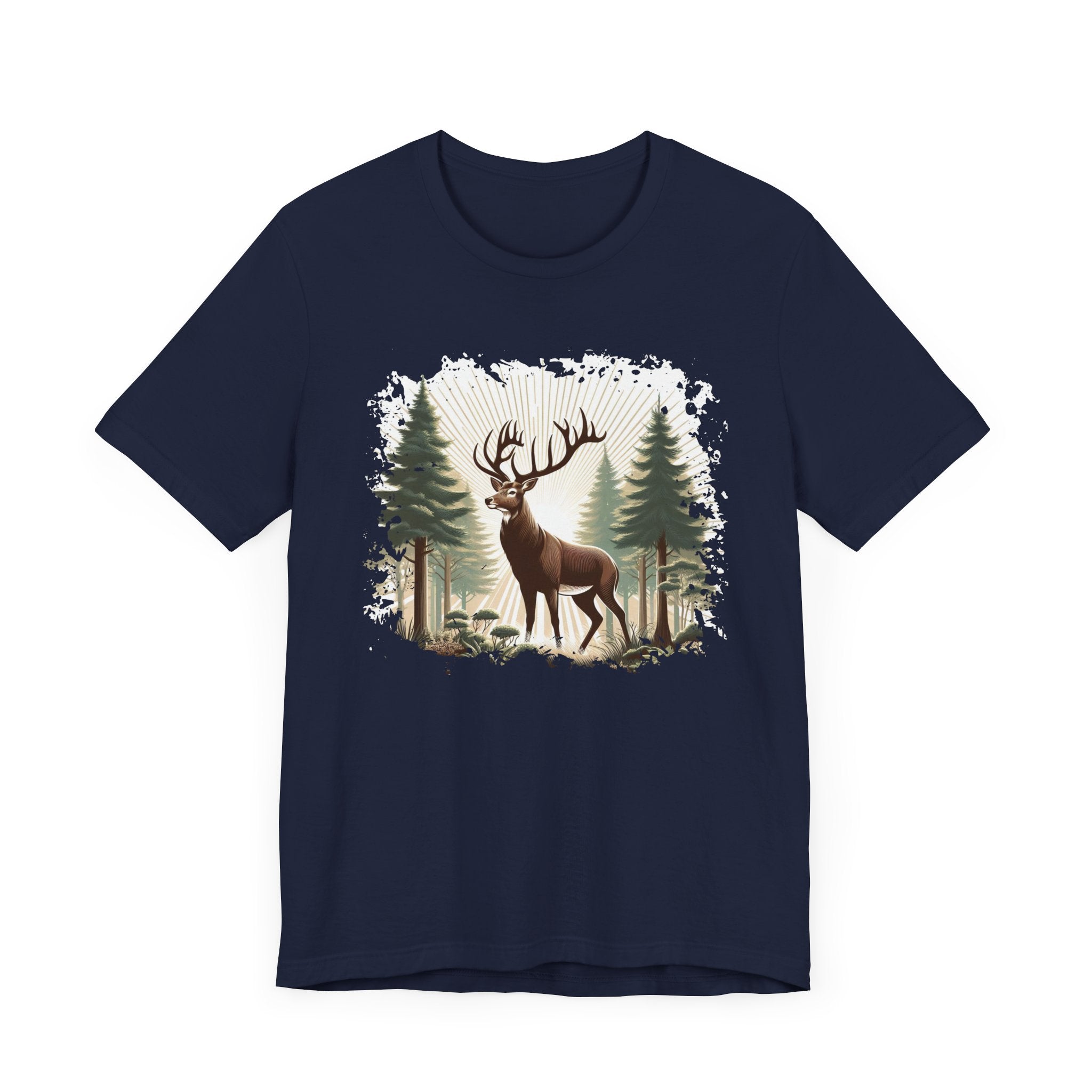 Majestic Deer with Large Antlers | Sunlight Through Foggy Forest Graphic T-Shirt