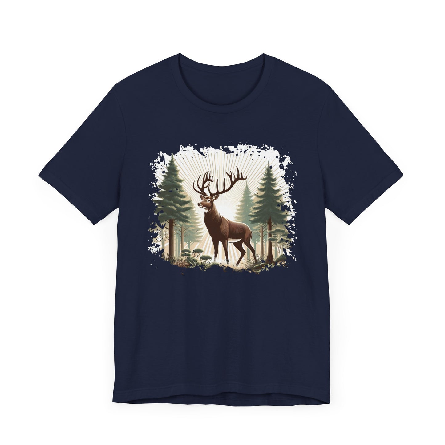 Majestic Deer with Large Antlers | Sunlight Through Foggy Forest Graphic T-Shirt