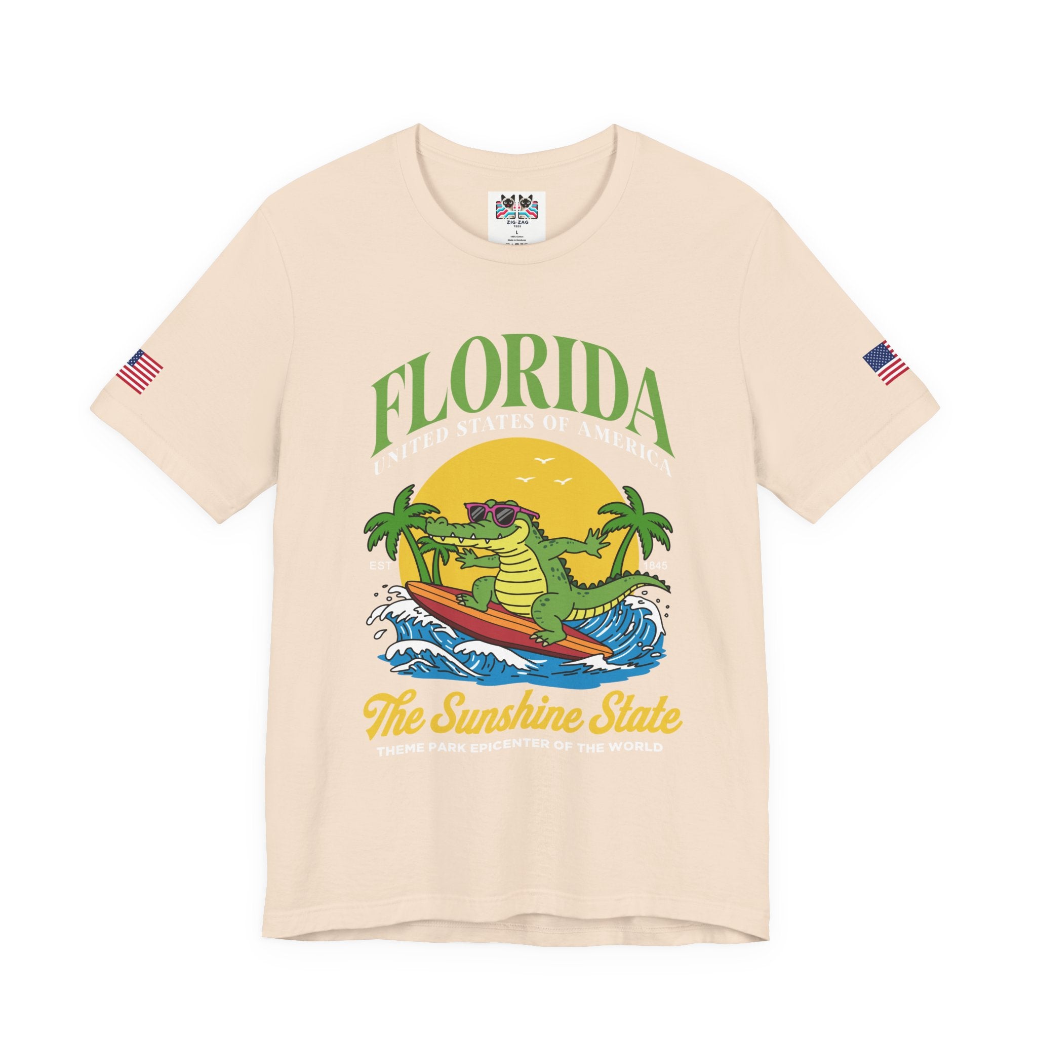Florida Sunshine State T-Shirt – Surfing Alligator EST 1845 Theme Park Epicenter USA Tee