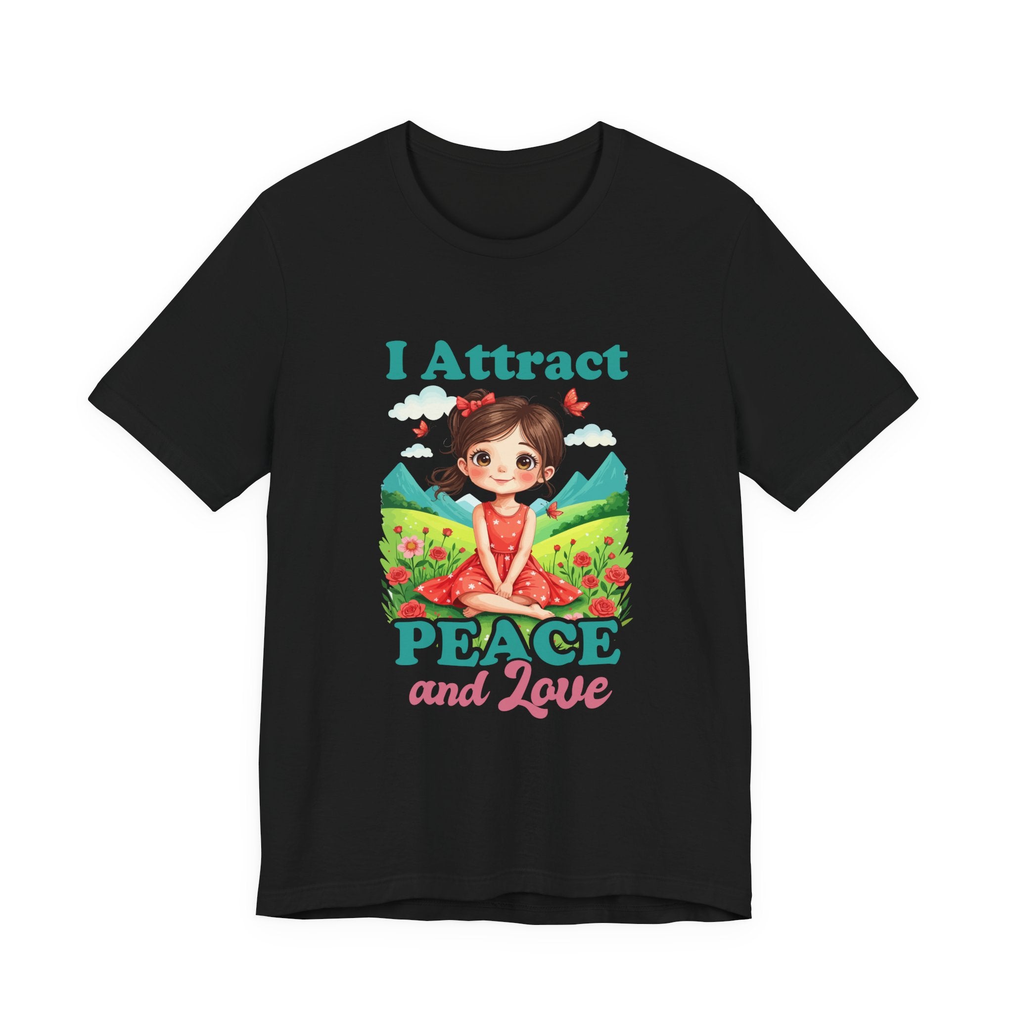I Attract PEACE & Love – Little Girl in Nature with Butterflies Graphic T-Shirt