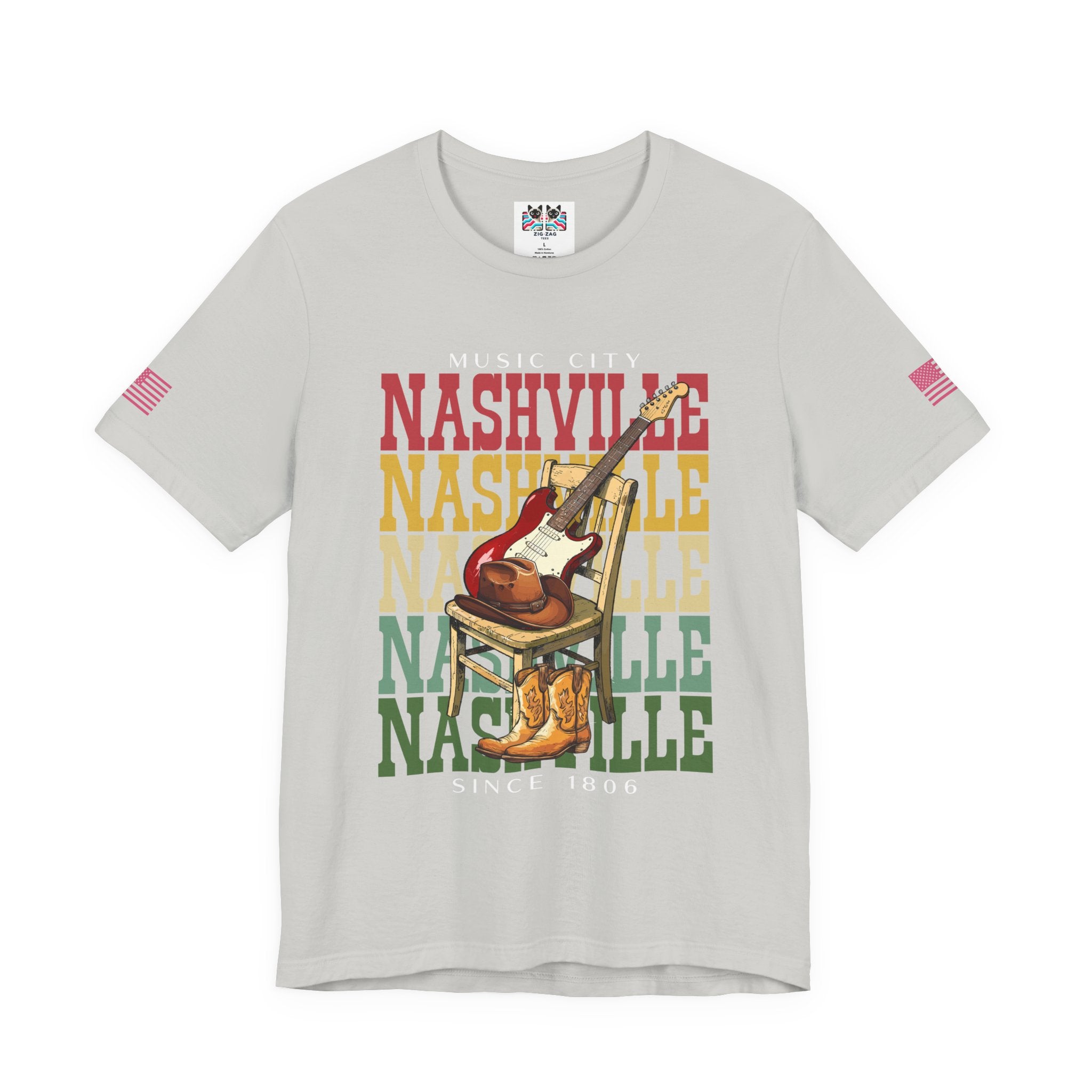 Music City Nashville T-Shirt – Stacked Repeat Typography Electric Guitar Cowboy Hat & Boots Graphic Tee Since 1806