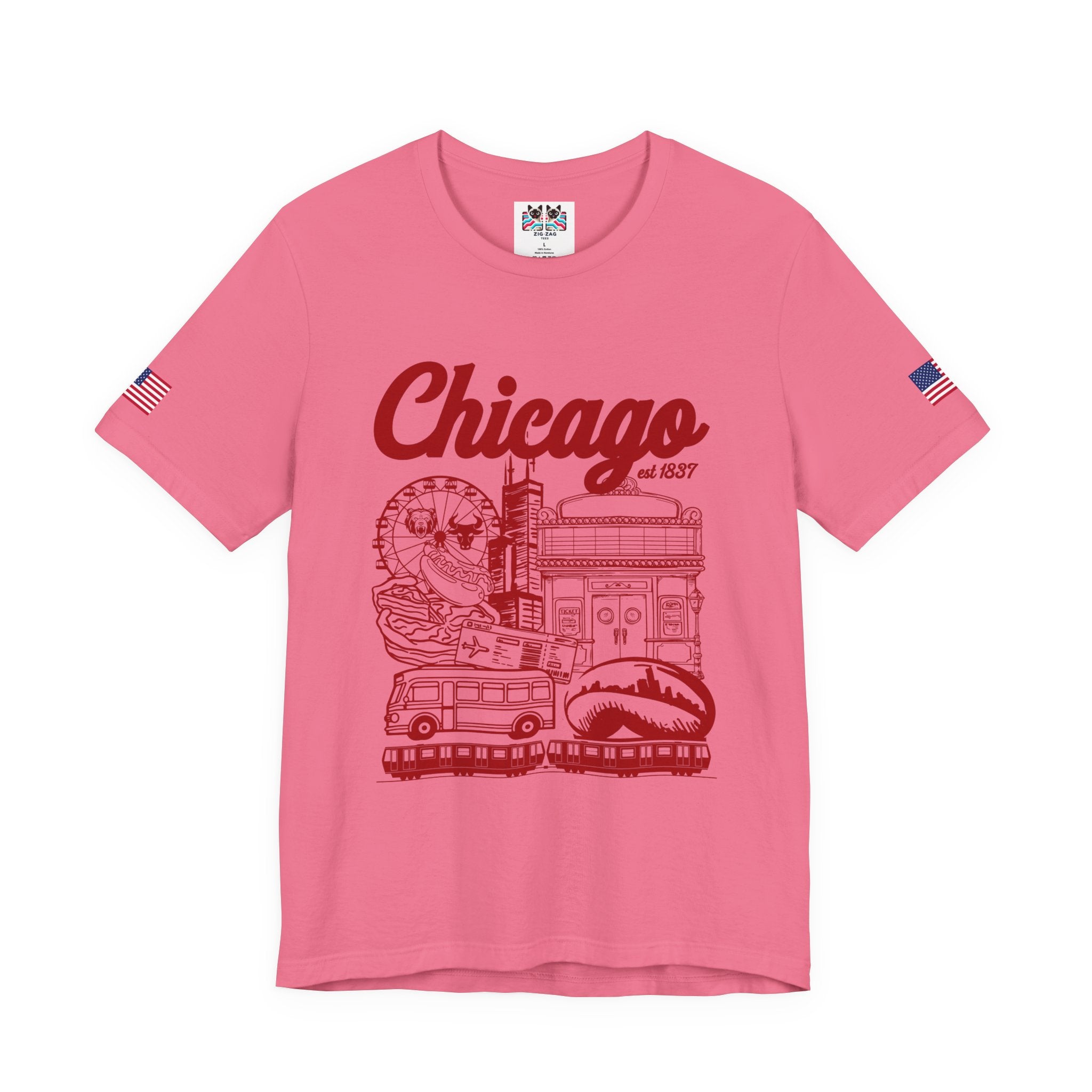 Chicago Est 1837 T-Shirt - Iconic Landmarks Yellow Red Illinois Tourist Collage