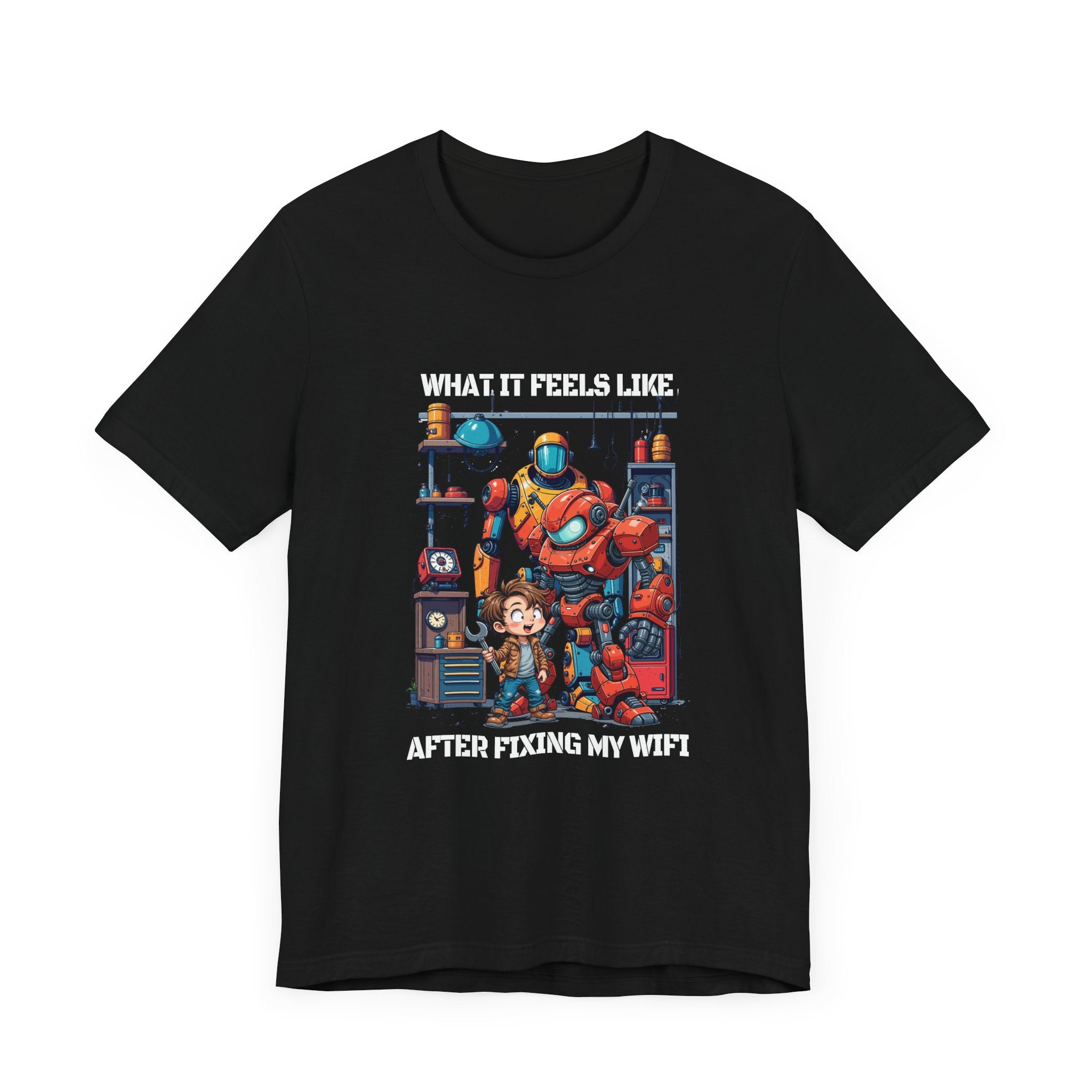 What It Feels Like After Fixing My WIFI – Joyful Boy with Tools Graphic T-Shirt