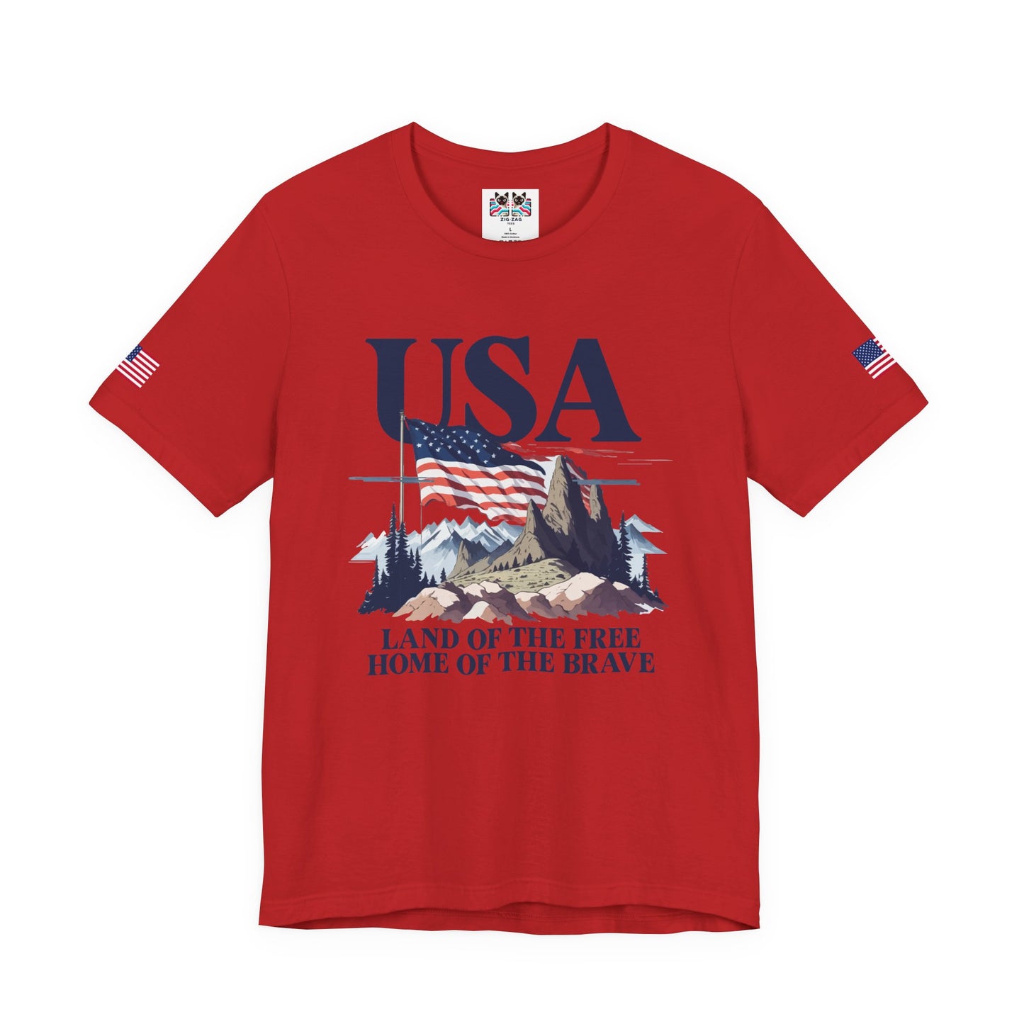 USA Land of the Free Home of the Brave T-Shirt – Mountain Flag Nature Patriotic Graphic Tee