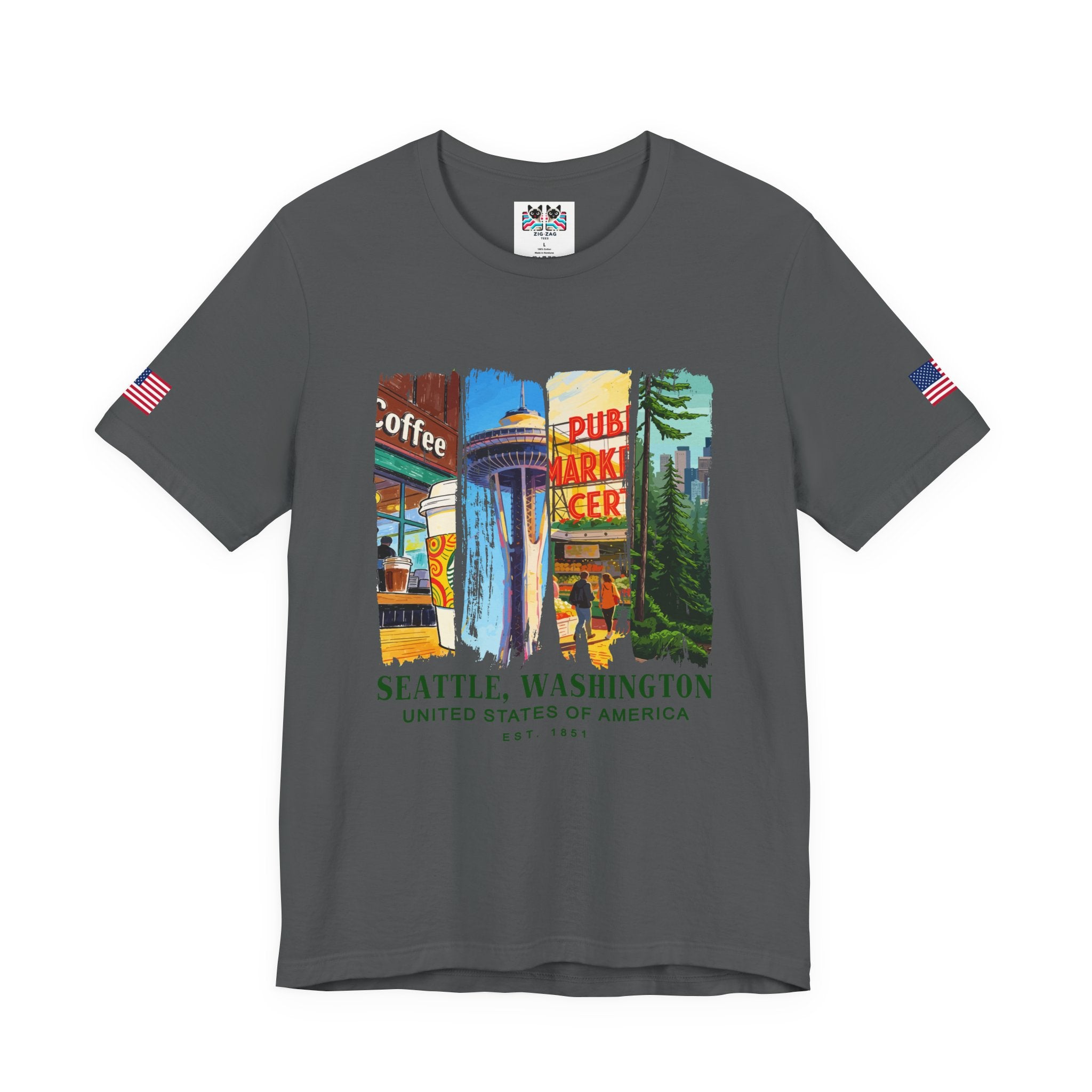 Seattle Washington Icons Collage T-Shirt | Coffee Space Needle Pike Place Market Graphic Tee | Seattle Souvenir