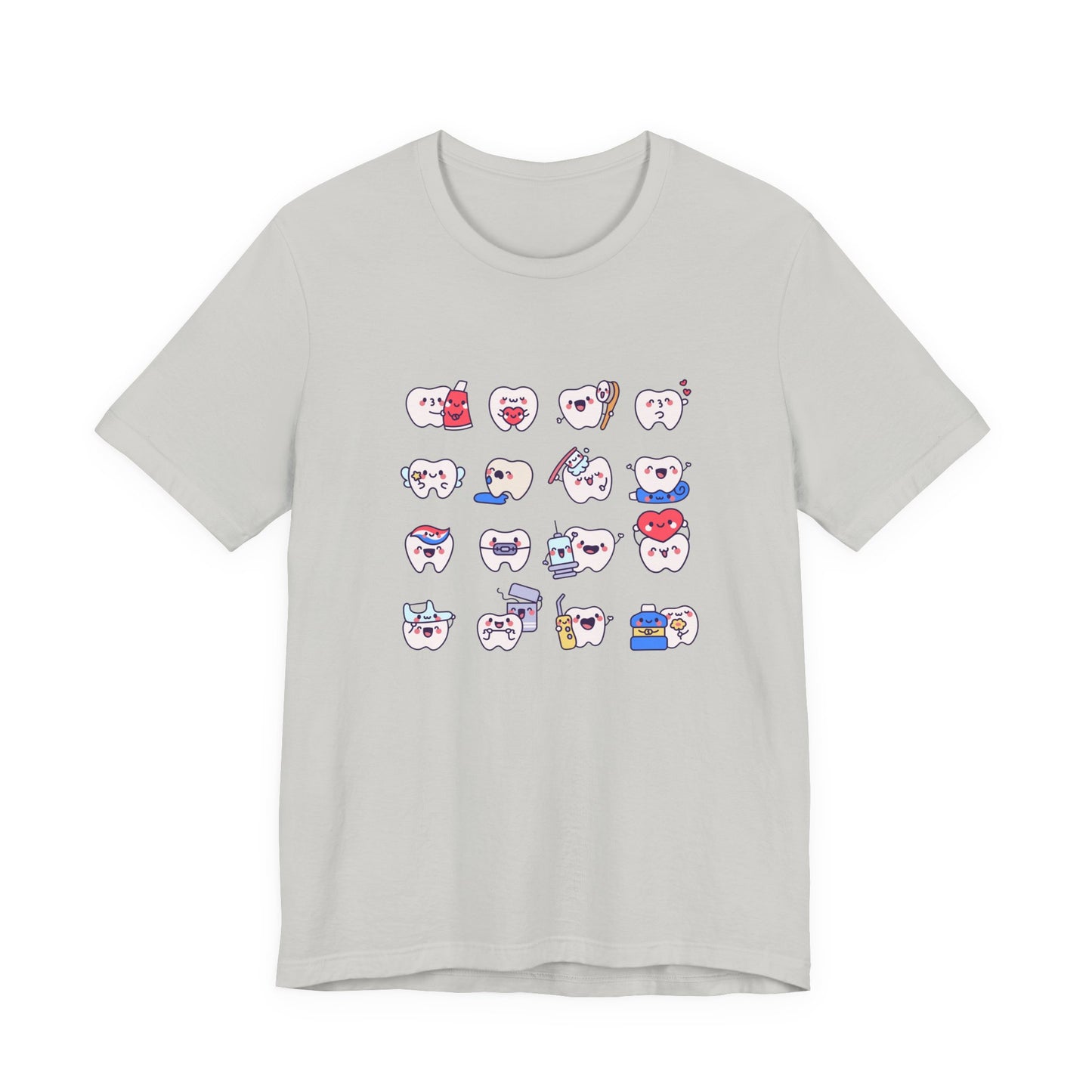 Happy Smiling Teeth T Shirt Sixteen Tooth Characters with Dental Care Items