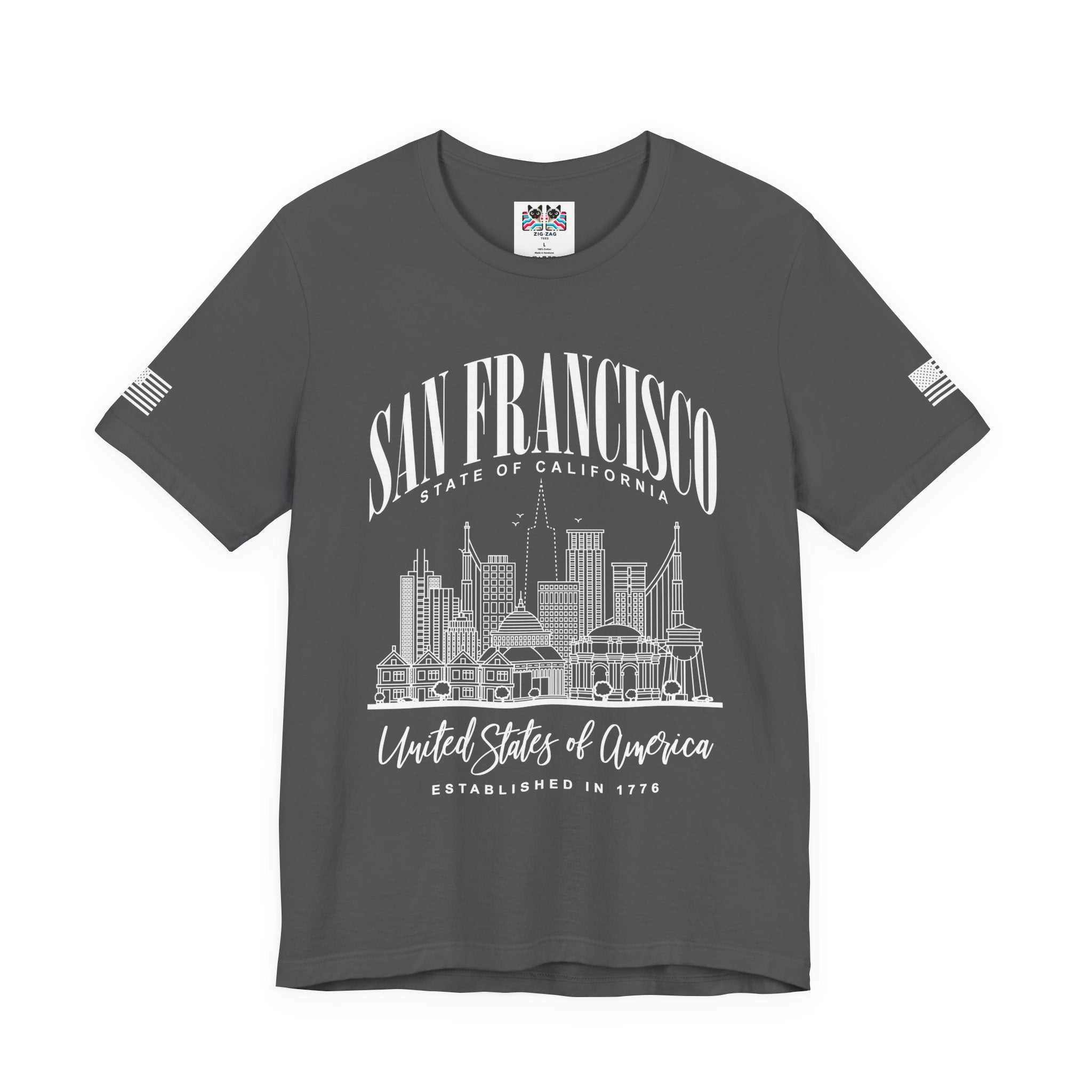 San Francisco State of California T-Shirt – Detailed Skyline Outline Established 1776 United States of America Tee
