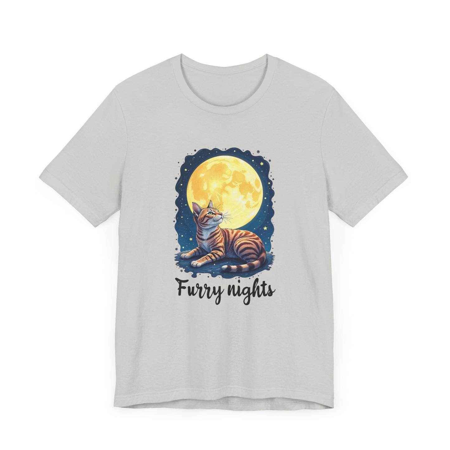 Moon Bath  - Furry Nights – Cat Watching Full Moon and Starry Sky Graphic T-Shirt