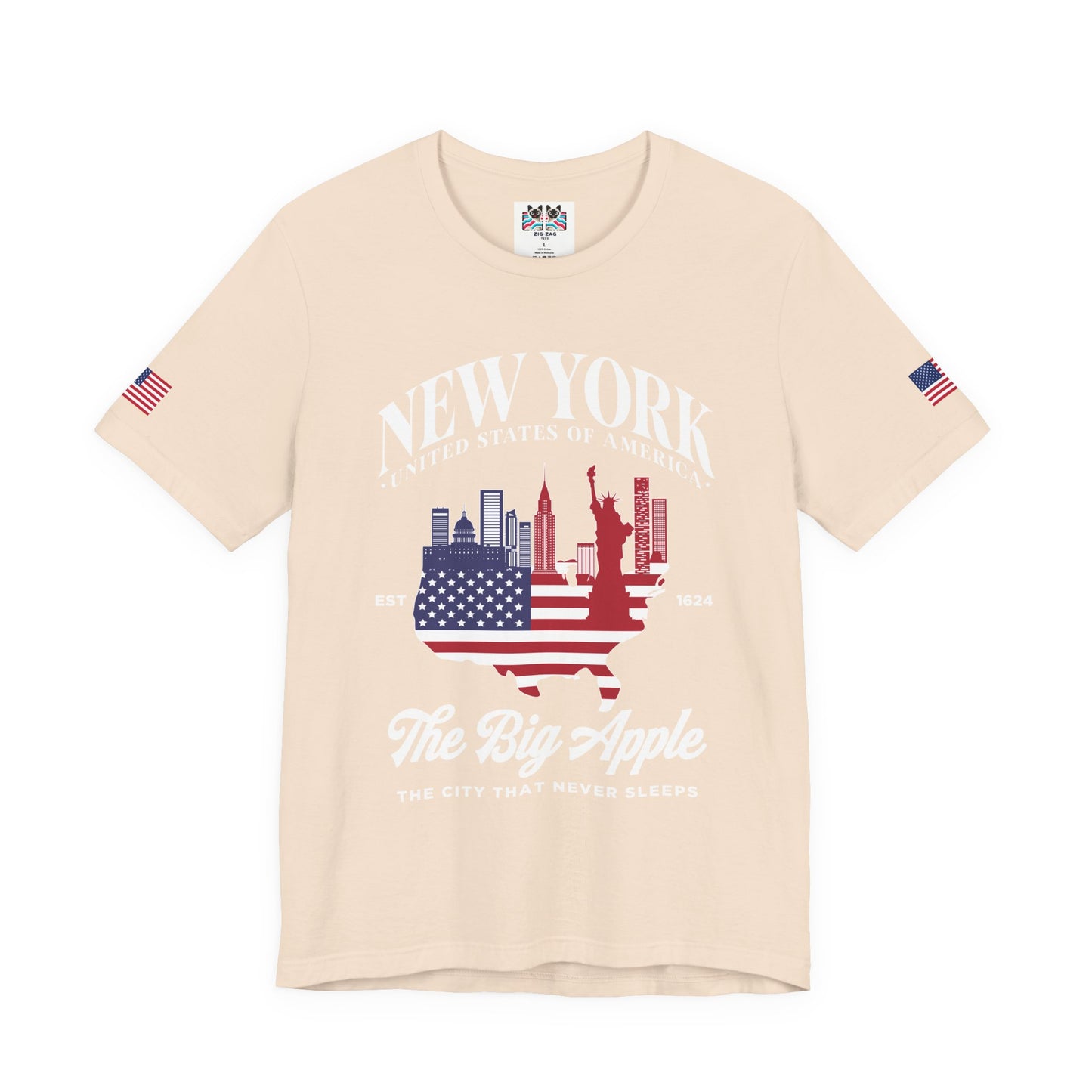 New York The Big Apple T-Shirt - NYC Skyline USA Flag Design Est 1624