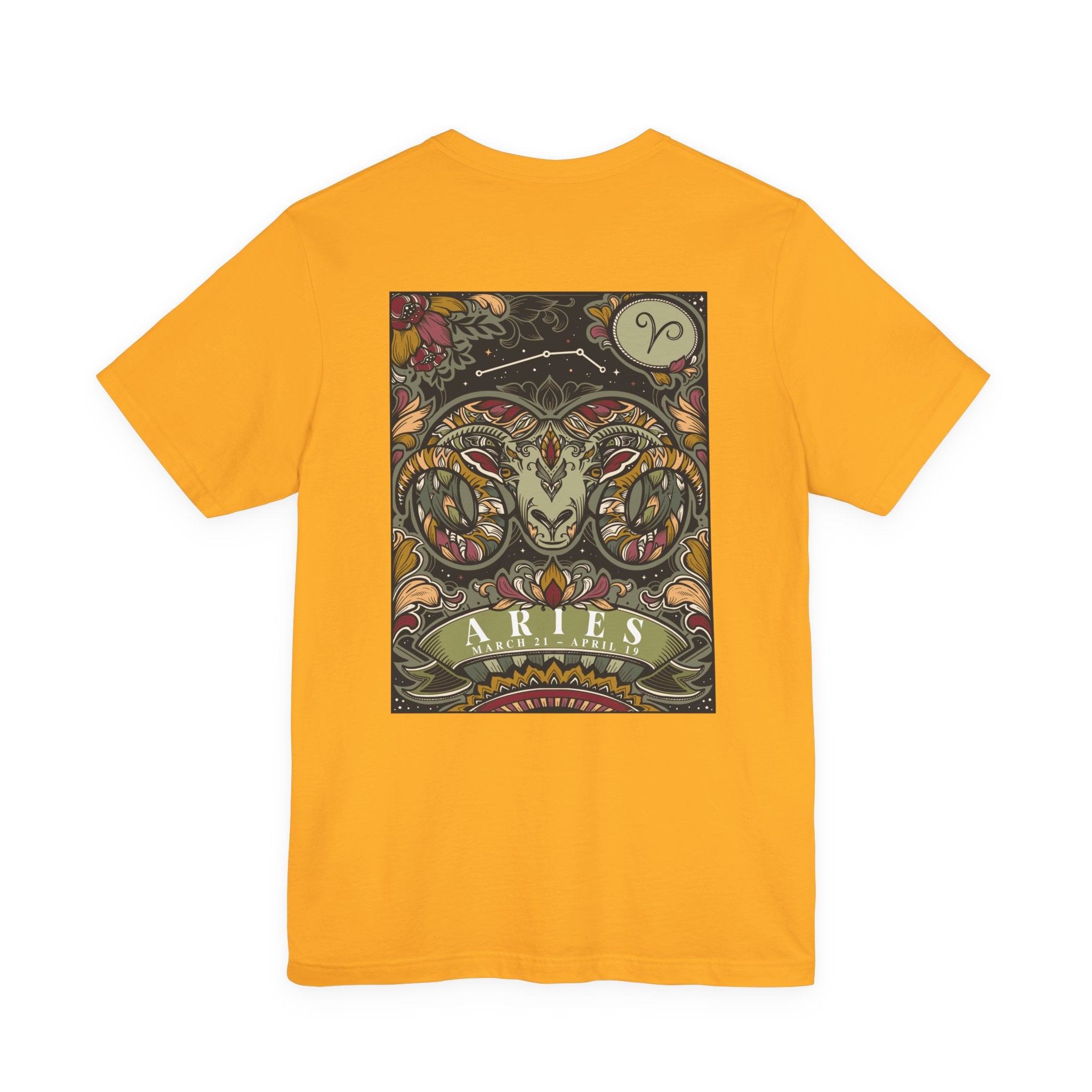 Aries Zodiac T-Shirt – Ram Head with Constellation and Floral Background