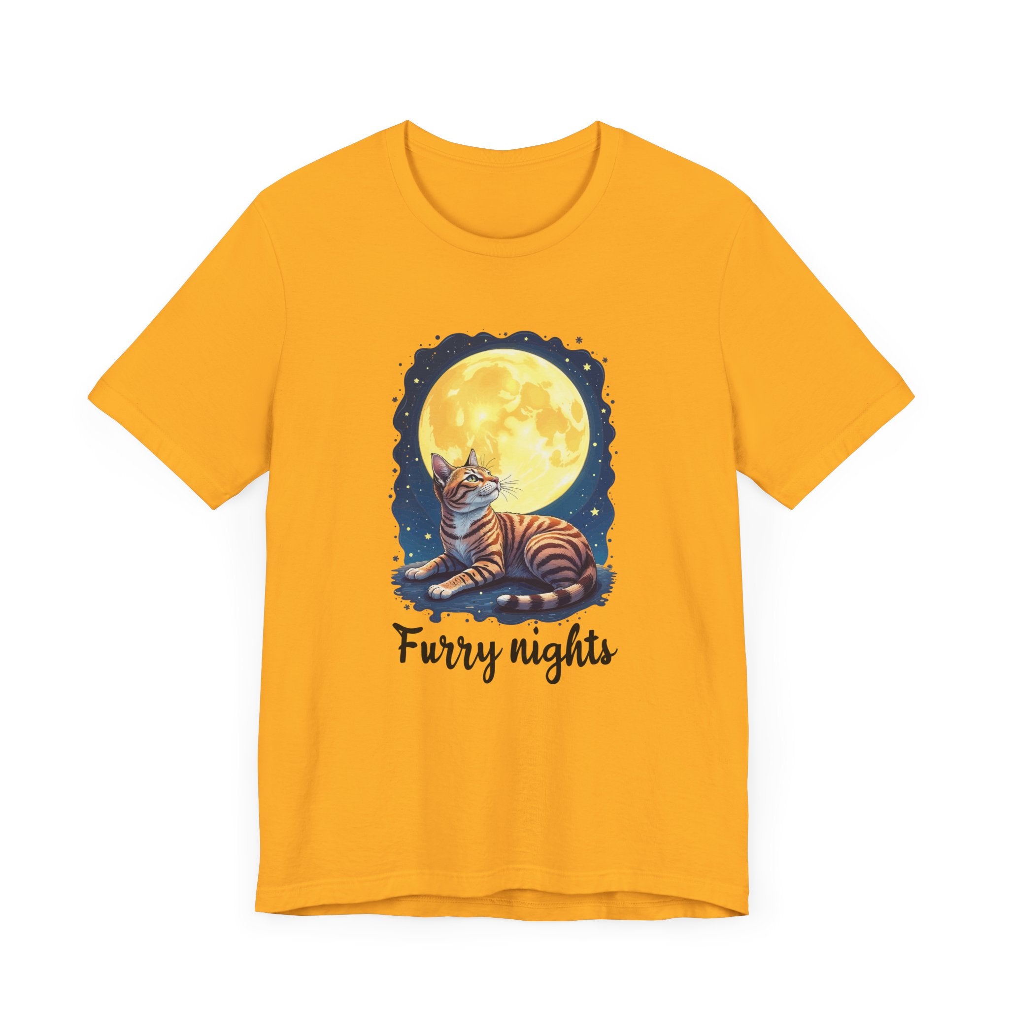 Moon Bath  - Furry Nights – Cat Watching Full Moon and Starry Sky Graphic T-Shirt