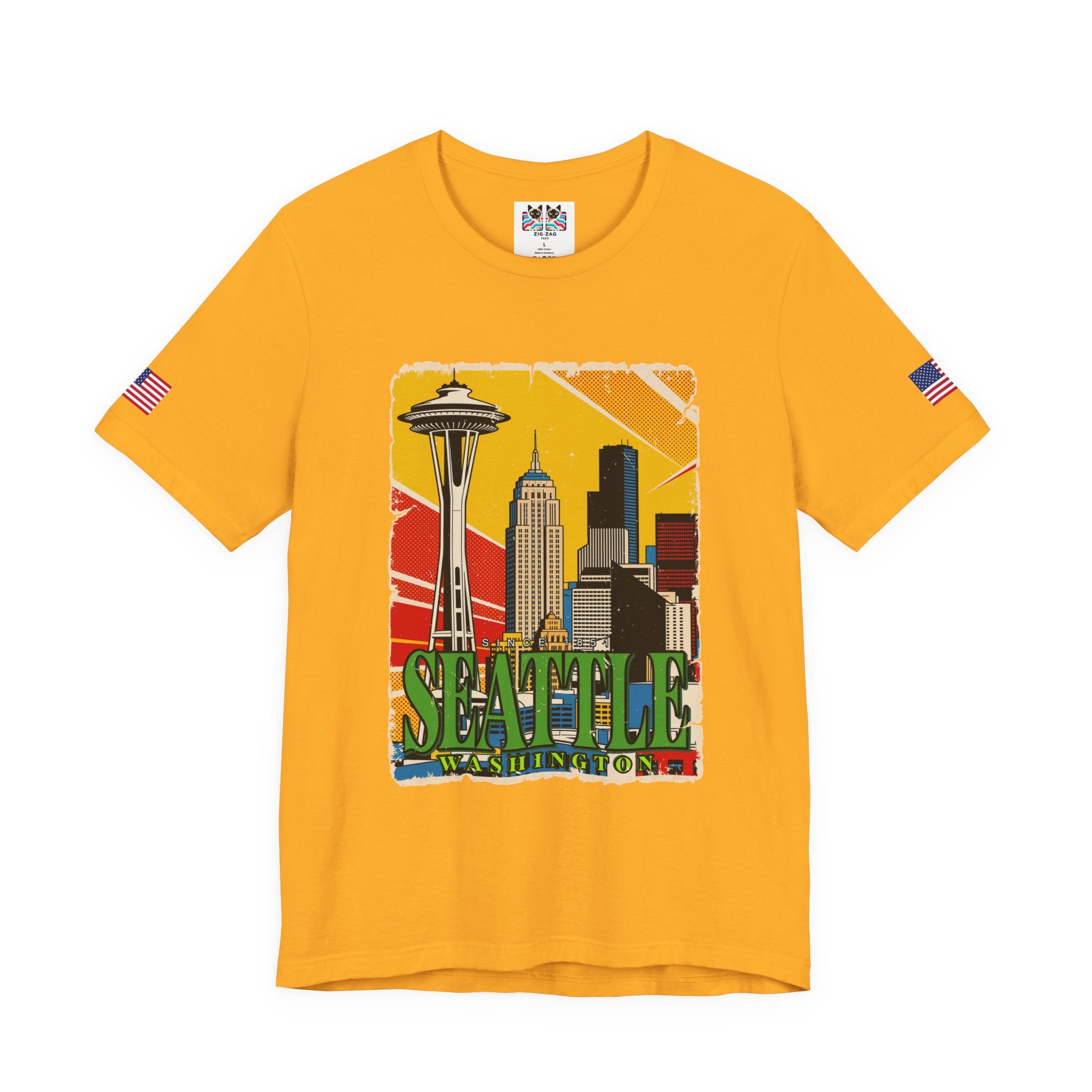 Seattle Washington Retro Pop Art Skyline T-Shirt | Space Needle Comic Style Graphic Tee | Seattle Souvenir Shirt