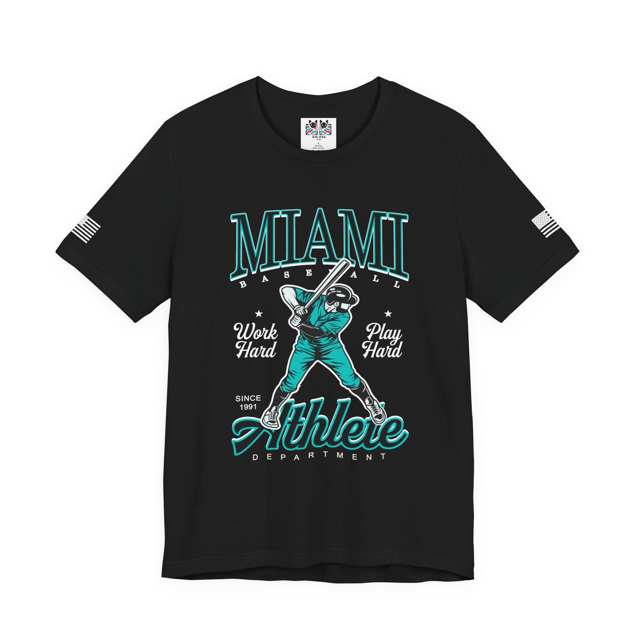 Miami Baseball Athlete Department T-Shirt – Work Hard Play Hard Since 1991 Graphic Tee