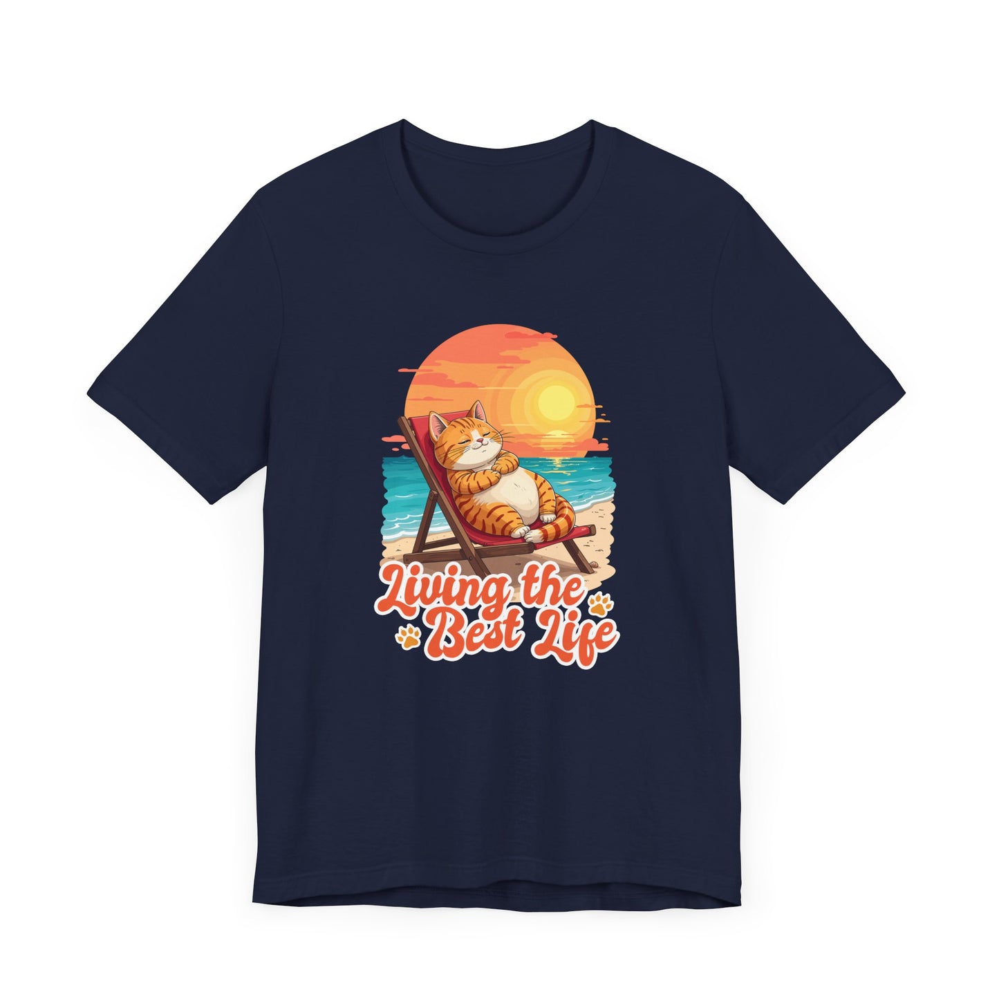 Lazy Life- Living the Best Life – Fat Cat Reclining Chair Beach Sunset Graphic T-Shirt