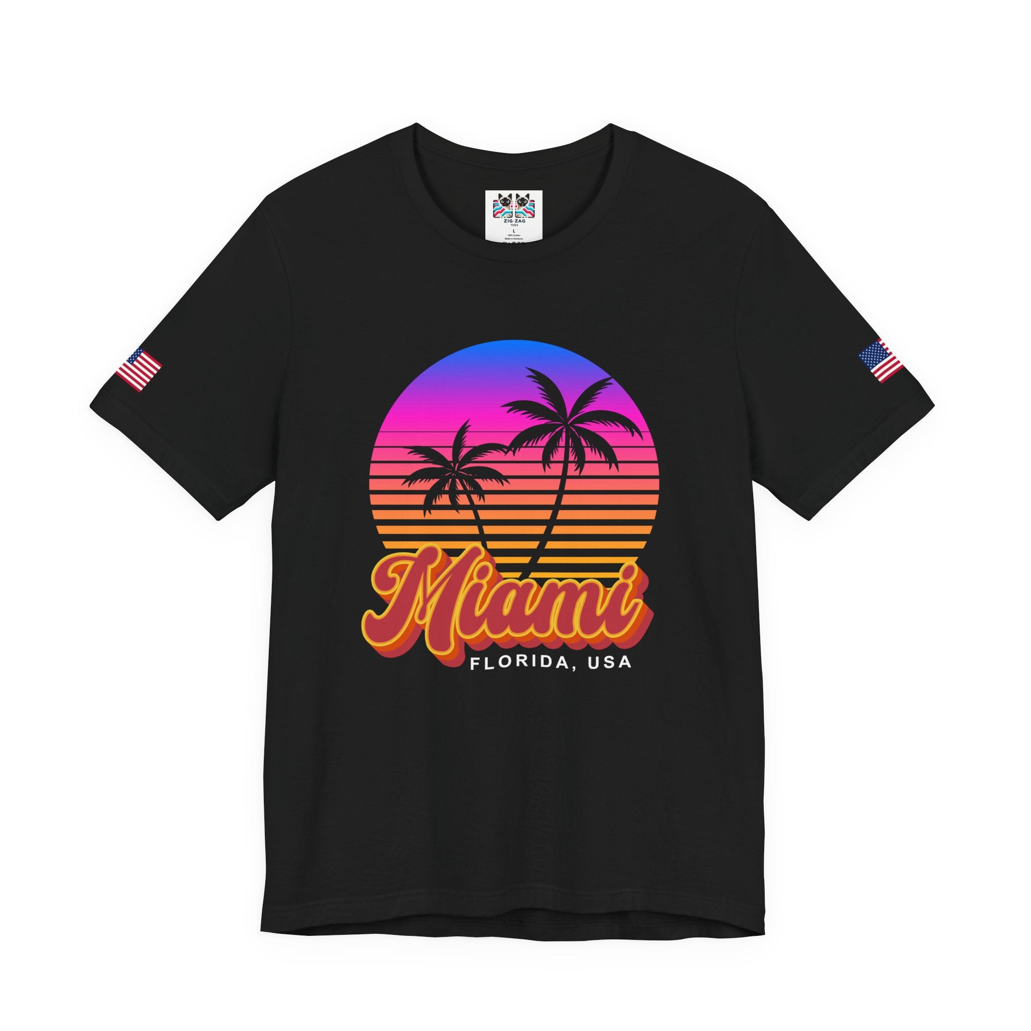 Miami Florida USA T-Shirt – Retro Neon Sunset Palm Tree Circle Graphic Tee