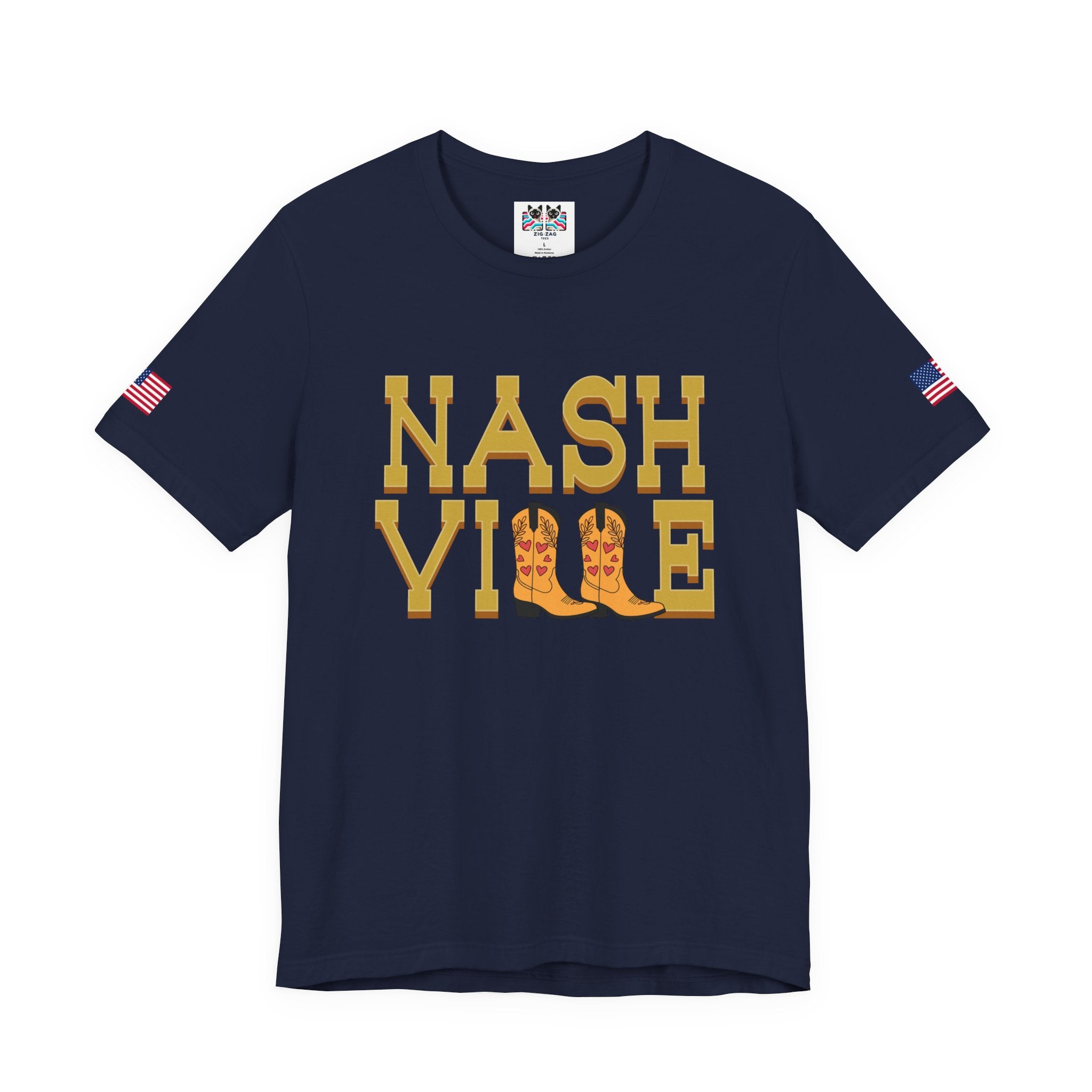Nashville T-Shirt – Bold Gold Block Letter Cowboy Boots Graphic Tee