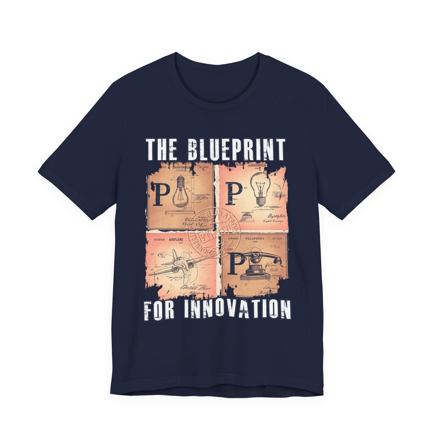 The Blueprint for Innovation Tshirt – Vintage Paper with Iconic Inventions Graphic