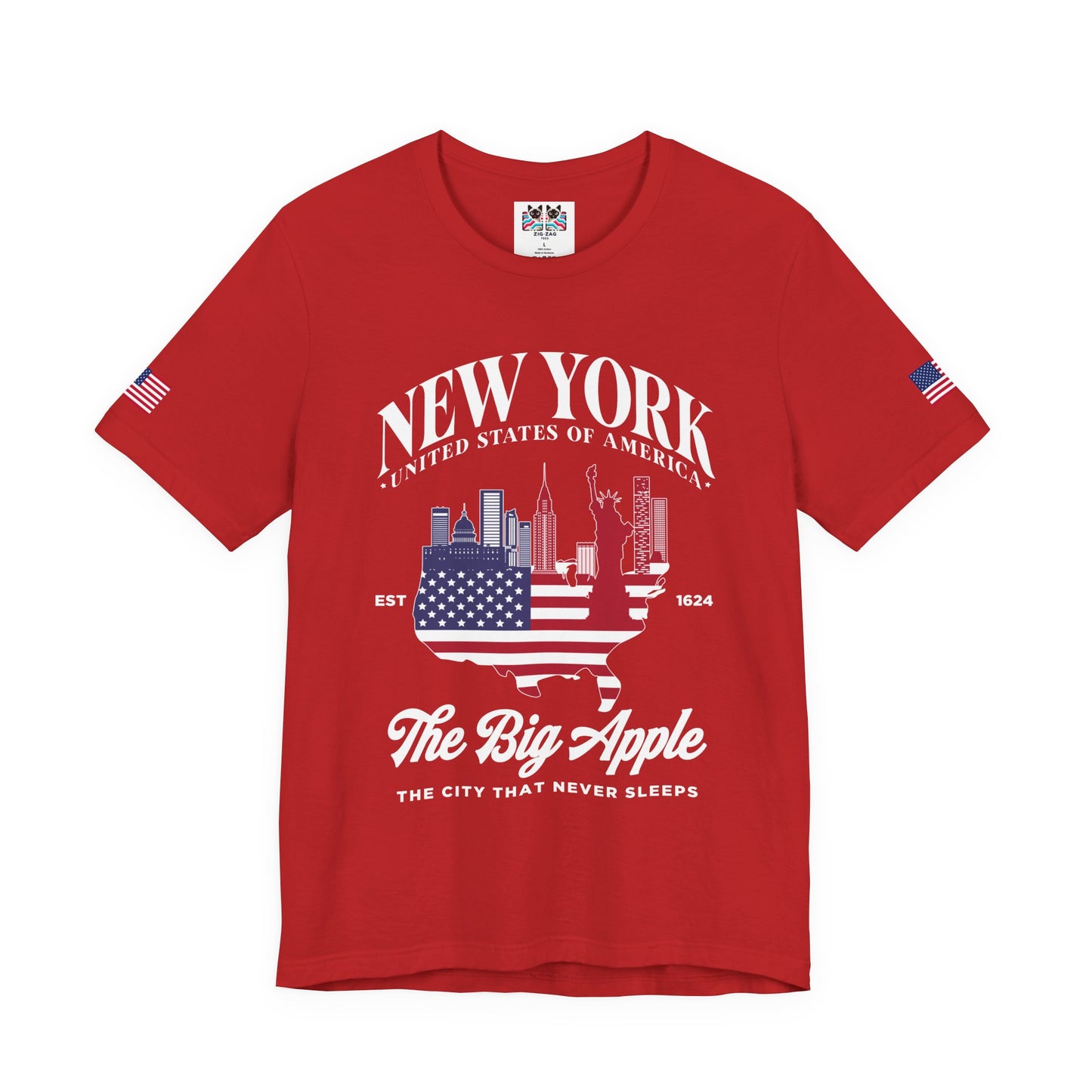 New York The Big Apple T-Shirt - NYC Skyline USA Flag Design Est 1624