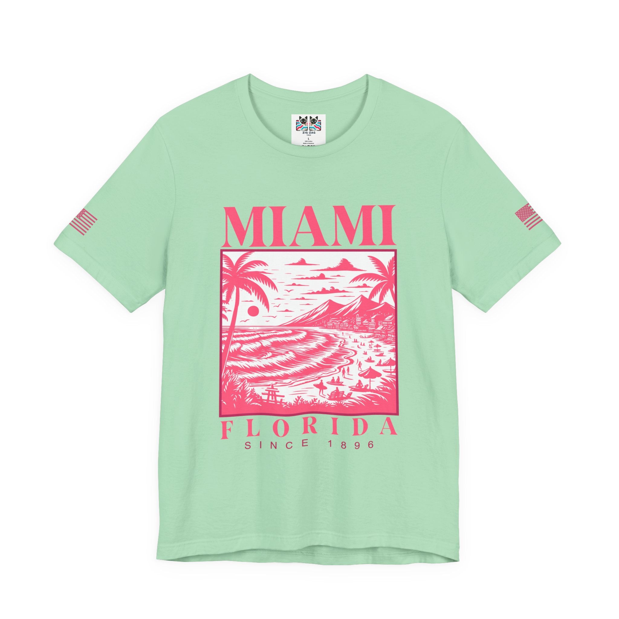 Miami Florida Since 1896 T-Shirt – Engraving Style Beach Scene Palm Tree Graphic Tee
