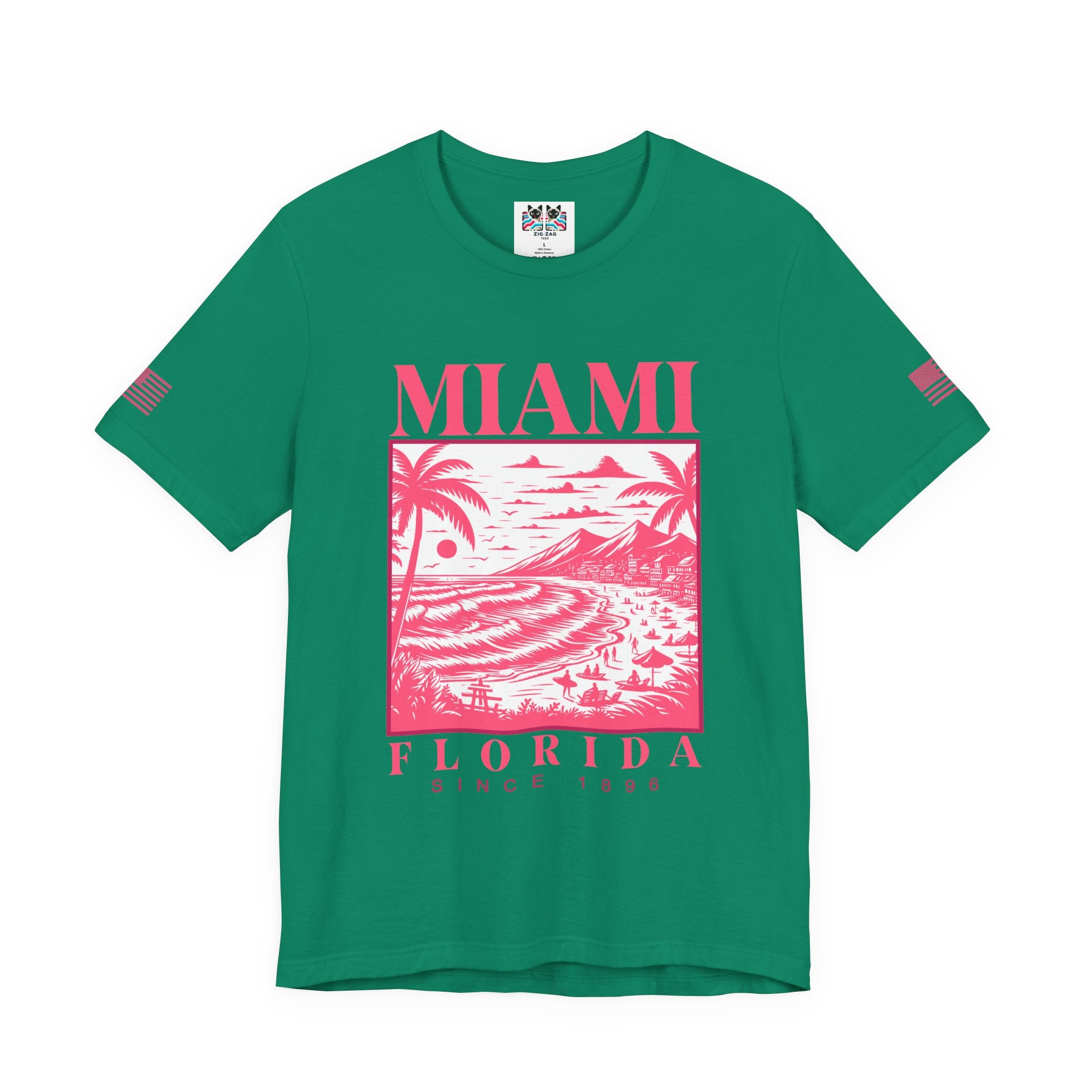 Miami Florida Since 1896 T-Shirt – Engraving Style Beach Scene Palm Tree Graphic Tee