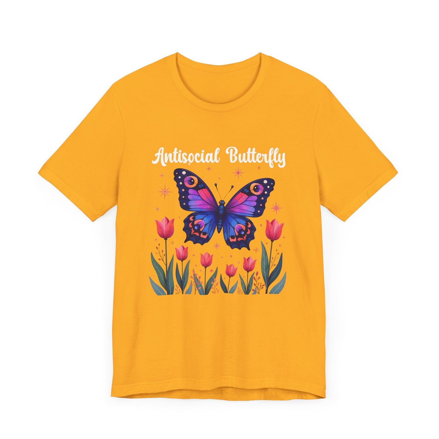 Antisocial Butterfly – Large Butterfly Above Flower Plants Graphic T-Shirt