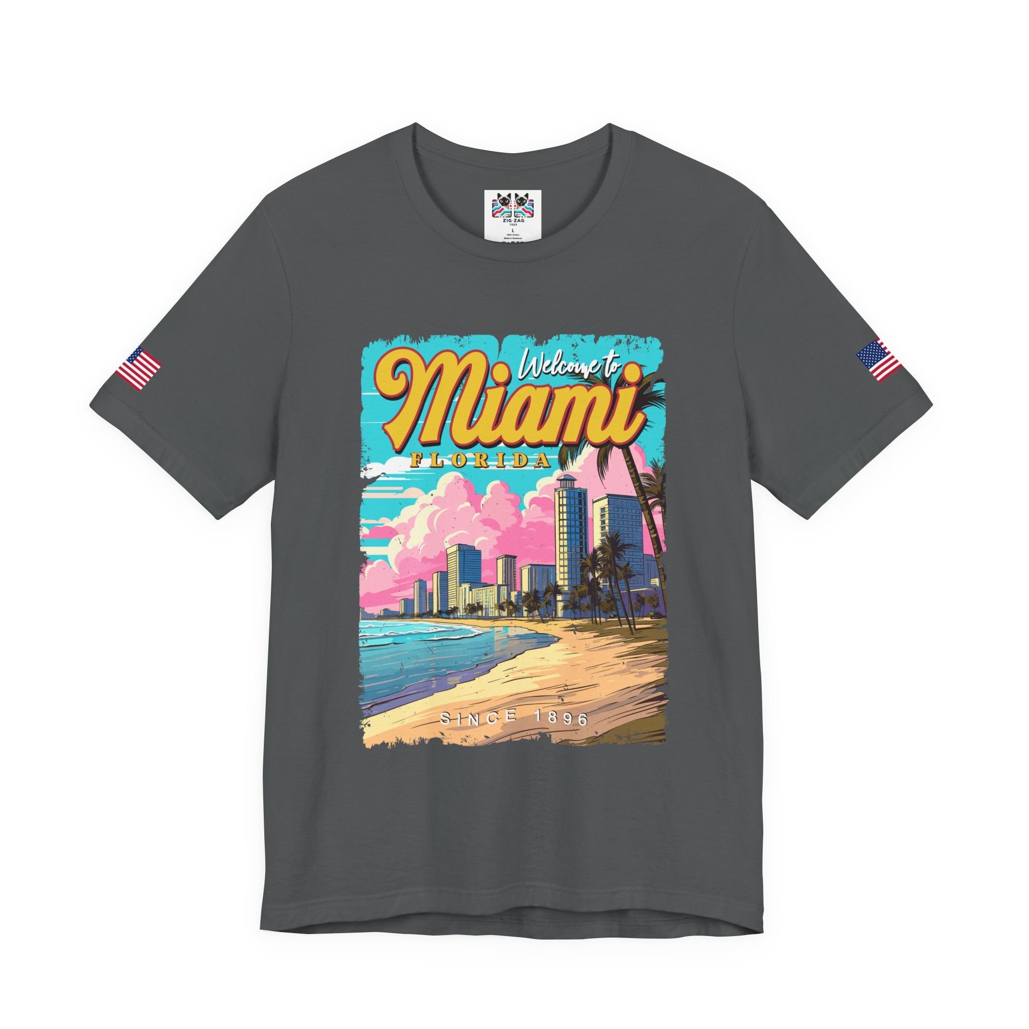Welcome to Miami Florida T-Shirt – Since 1896 Retro Beach Skyline Poster Graphic Tee