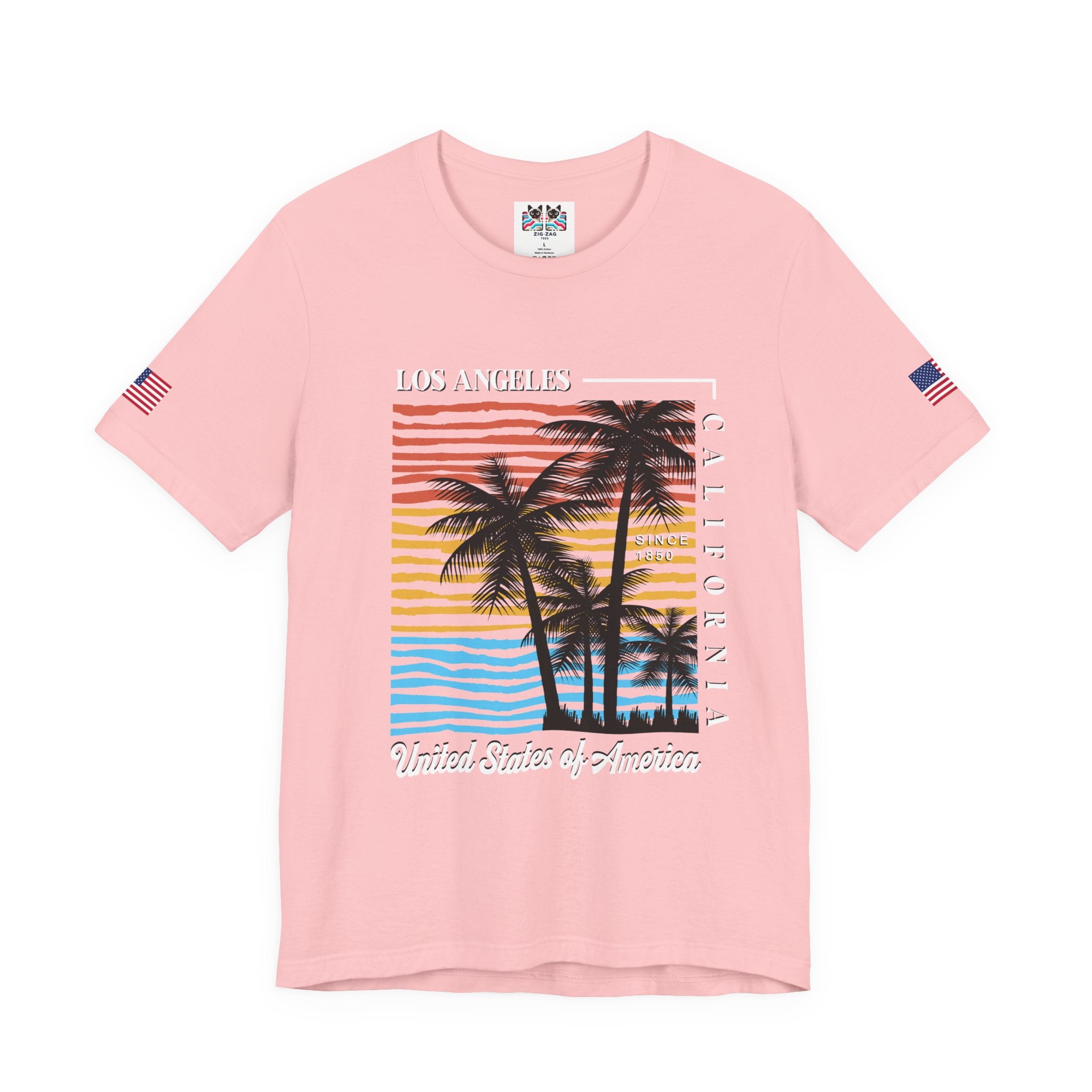 Los Angeles California Since 1850 T-Shirt – Colorful Striped Sunset Palm Tree USA Tee