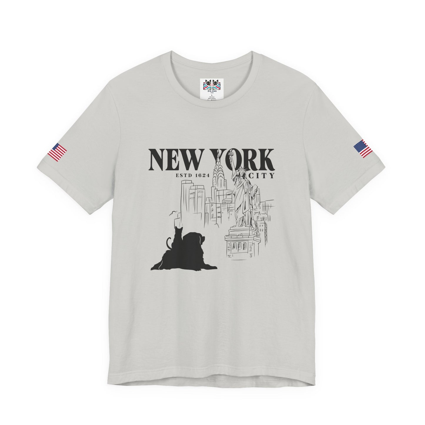 New York City Cat Dog T-Shirt - NYC Est. 1624 Sketch Art with Brooklyn Bridge & Liberty