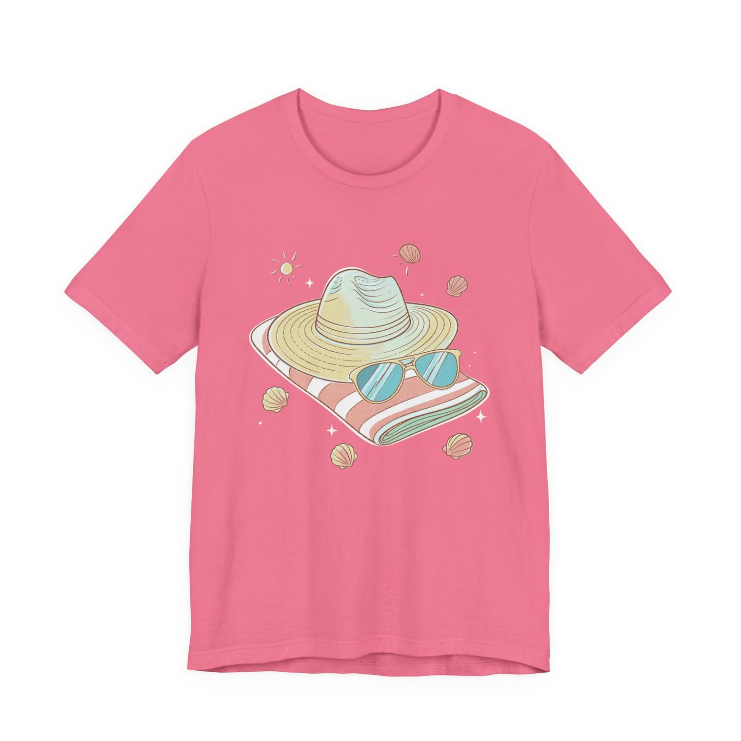 Sun Kissed & Carefree Beach Day Essentials – Towel, Sunglasses & Hat with Sun and Seashells Graphic T-Shirt