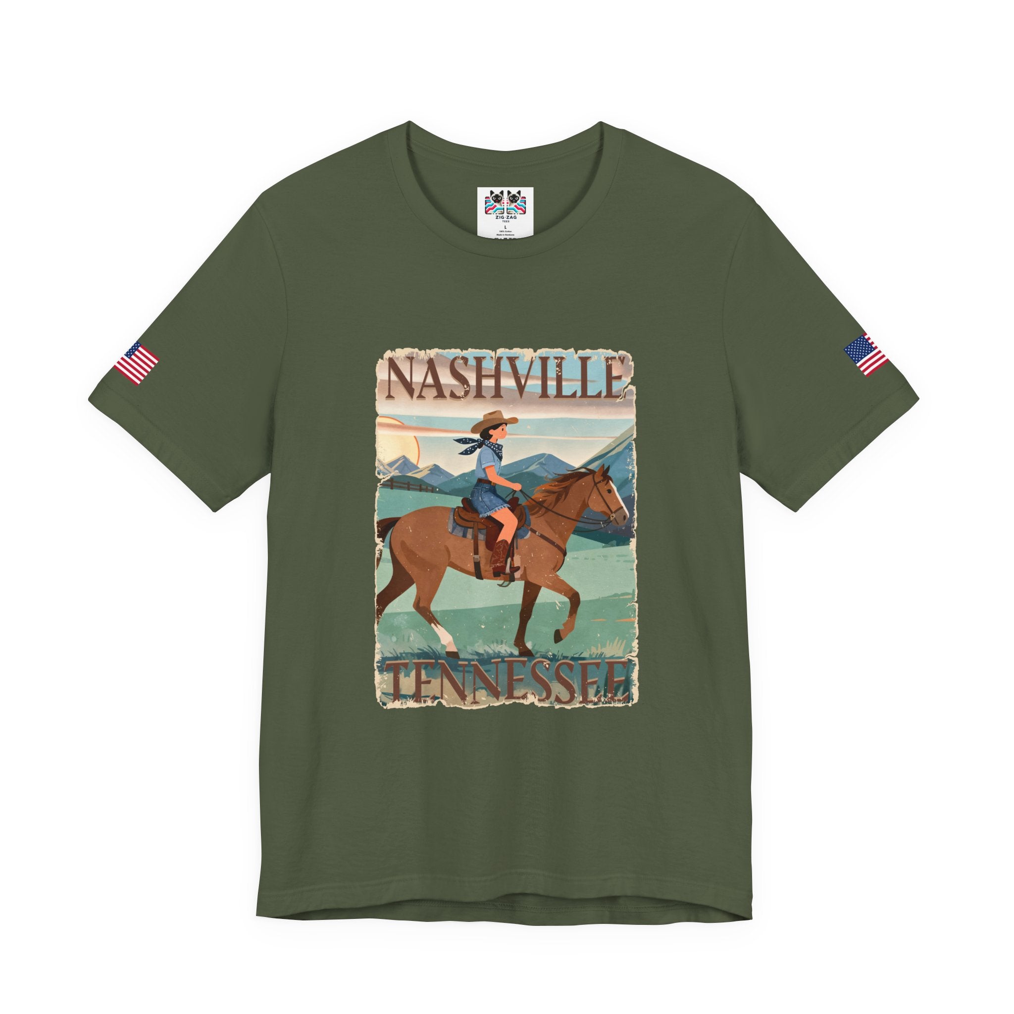 Nashville Tennessee T-Shirt – Vintage Cowgirl Horseback Riding Travel Poster Style Graphic Tee