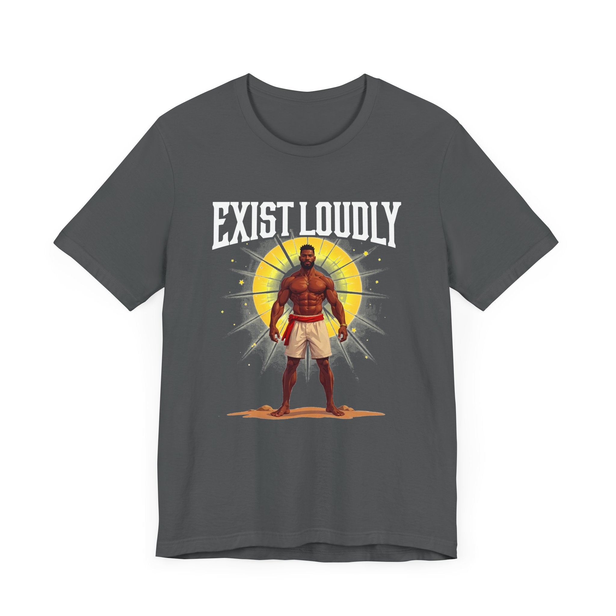Exist Loudly – Strong Muscular Man with Red Belt & Glowing Light Graphic T-Shirt