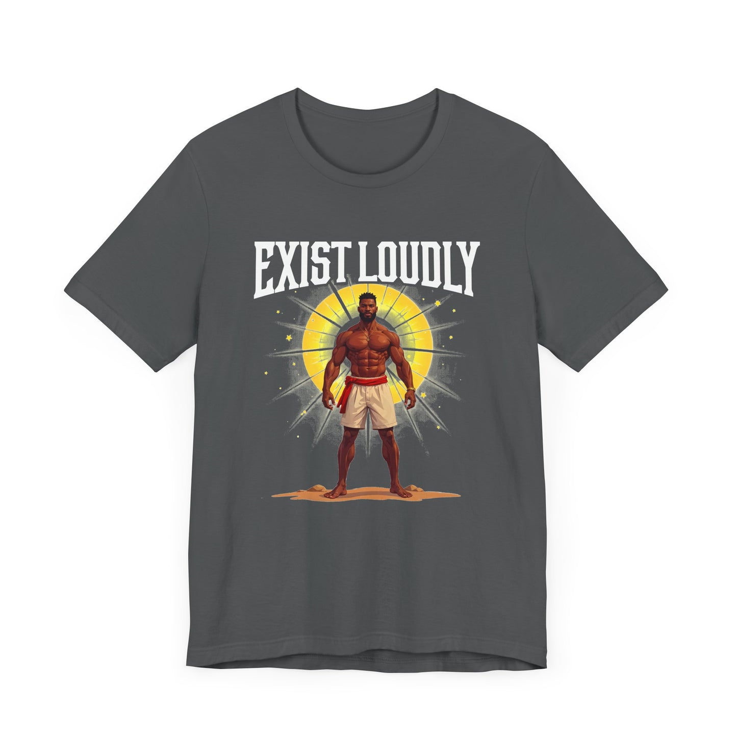 Exist Loudly – Strong Muscular Man with Red Belt & Glowing Light Graphic T-Shirt