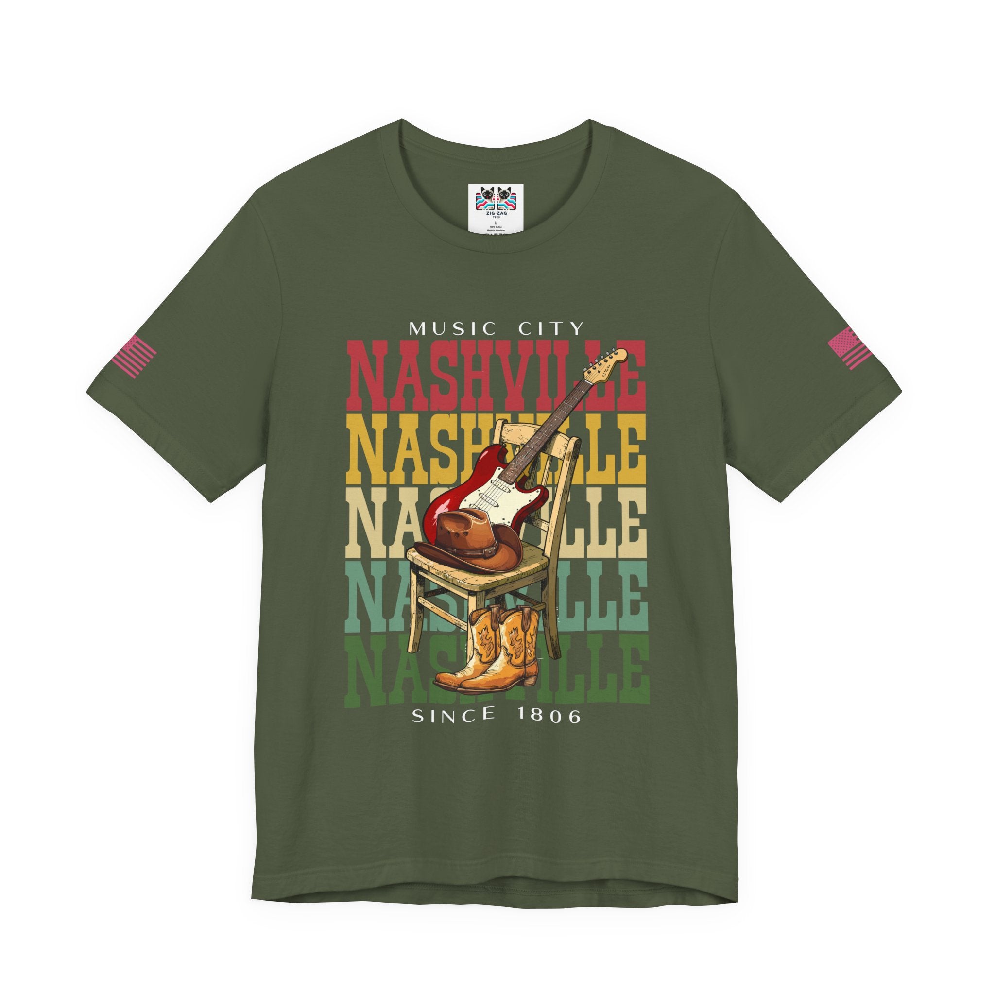 Music City Nashville T-Shirt – Stacked Repeat Typography Electric Guitar Cowboy Hat & Boots Graphic Tee Since 1806