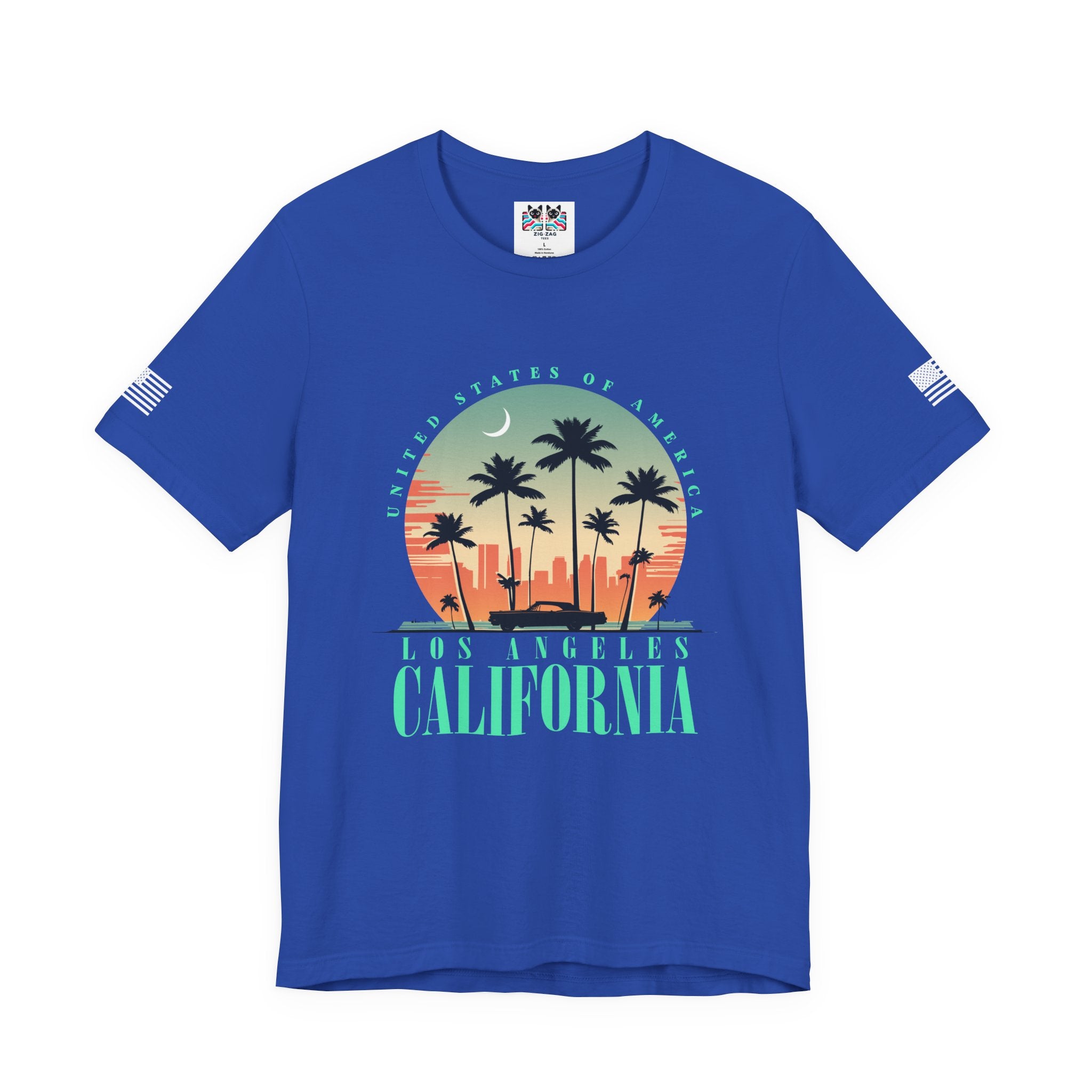 Los Angeles California USA T-Shirt – Retro Moon Crescent Palm Tree Classic Car Tee