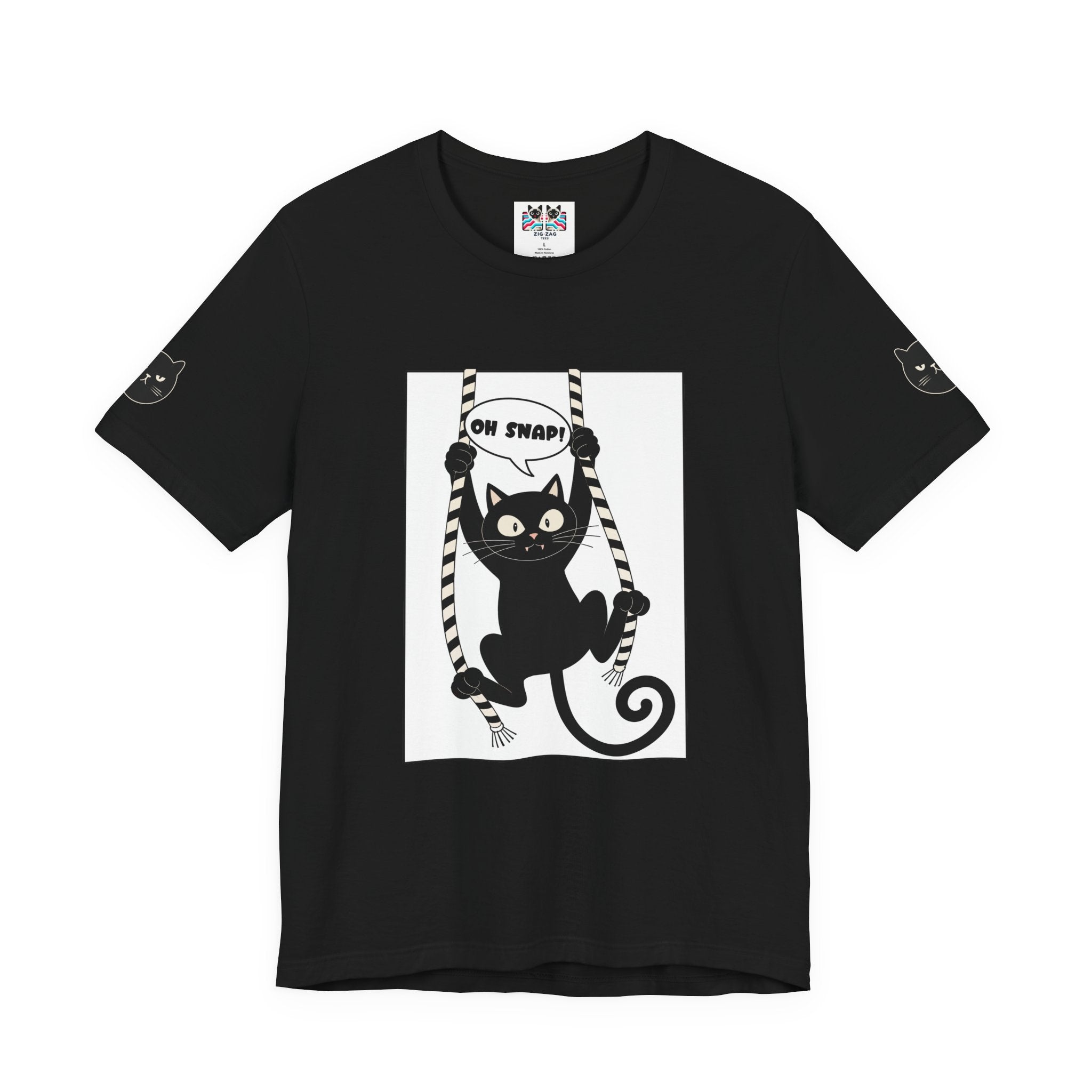 Oh Snap Funny Cat T-Shirt – Cat Hanging from Blinds Mischievous Kitten Humor Graphic Tee