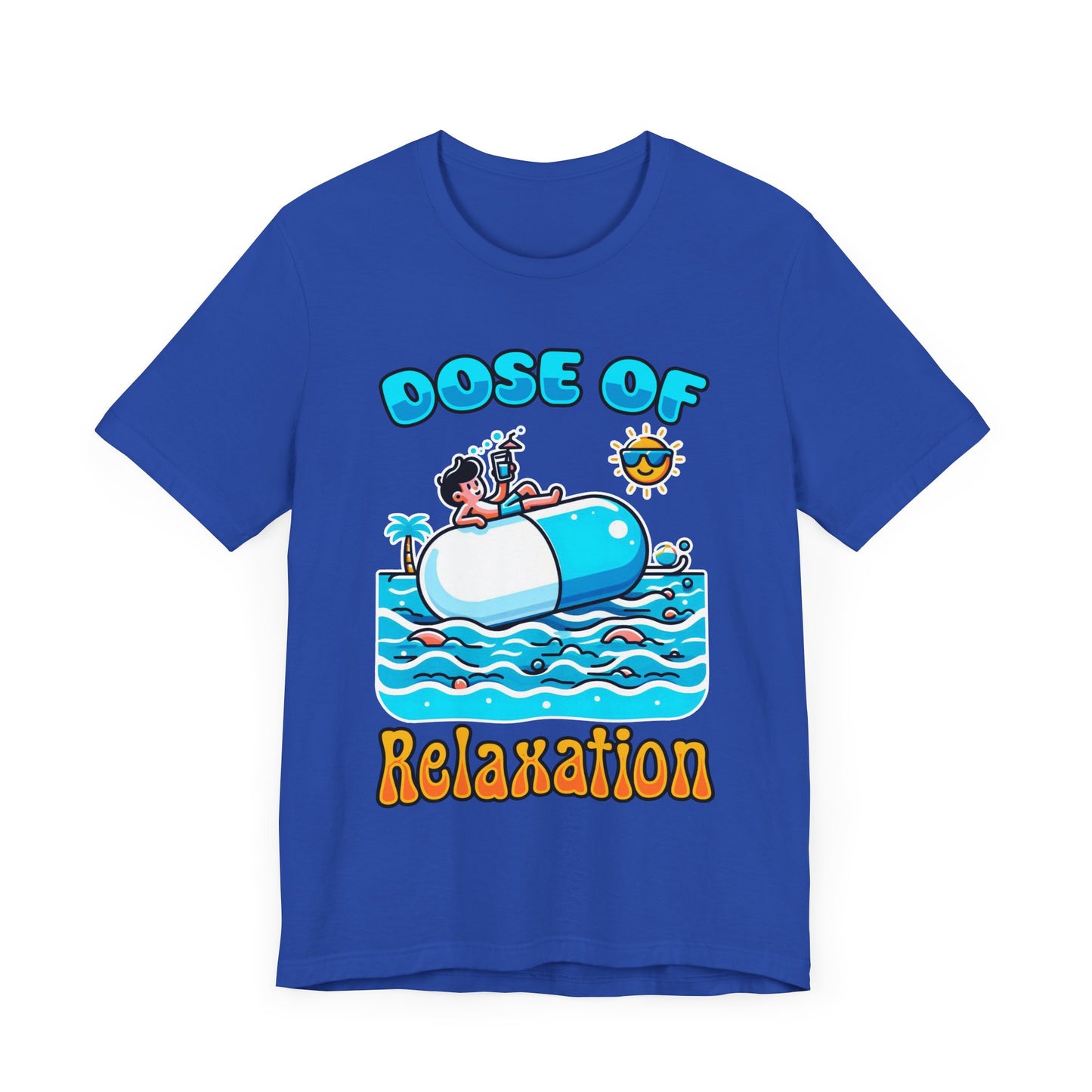 Dose of Relaxation | Boy Sitting on Pill Floating on Water with Drink, Sun & Palm Tree Graphic T-Shirt