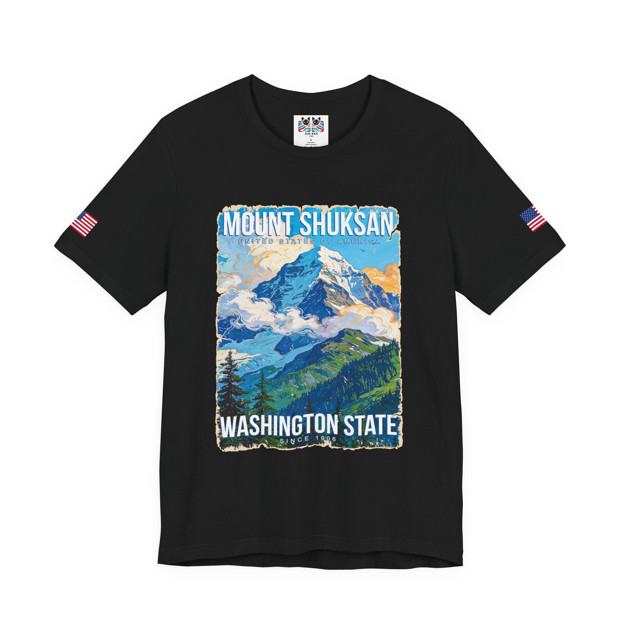 Mount Shuksan Washington State Since 1906 Colorful Mountain Poster T-Shirt | North Cascades Souvenir Tee | PNW Shirt