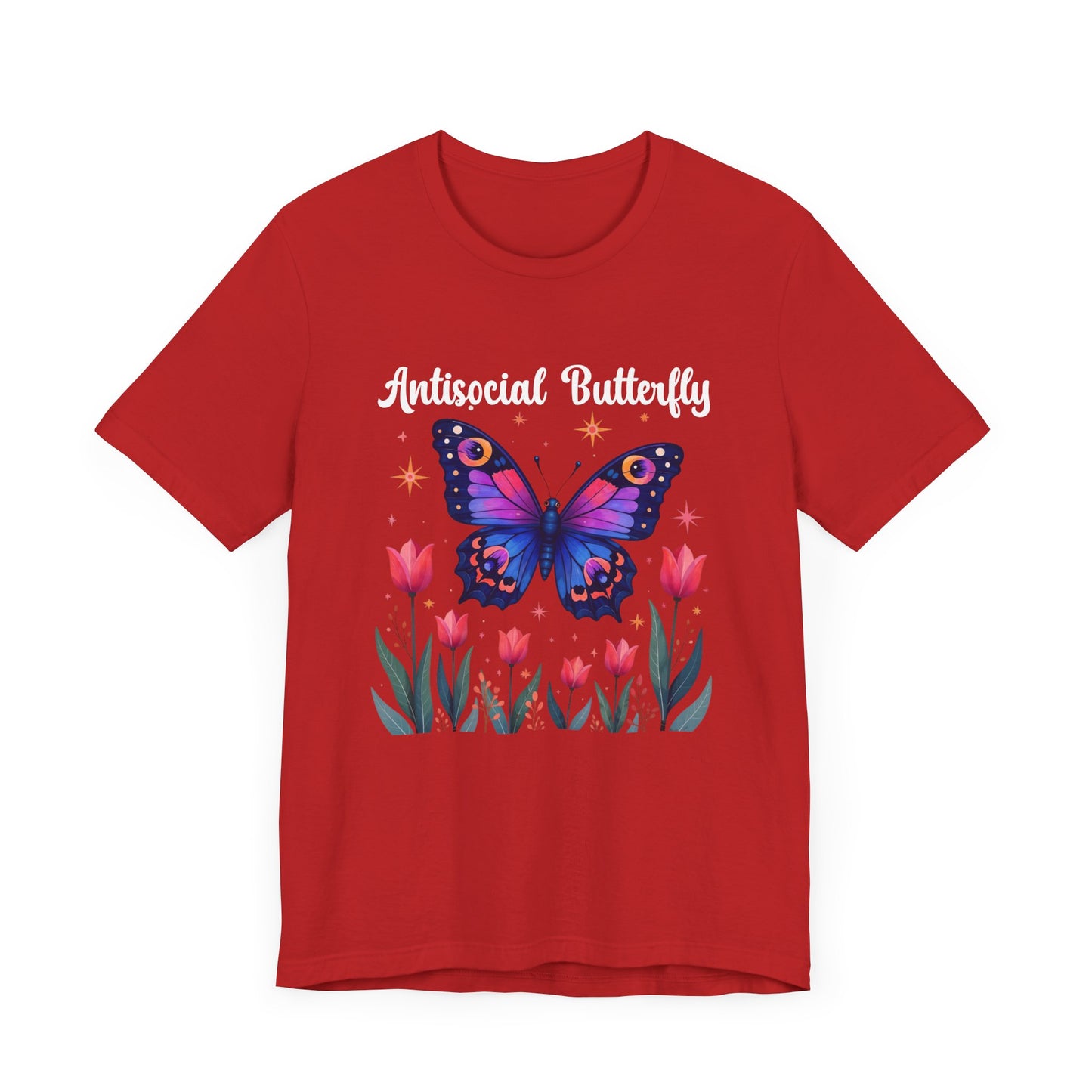 Antisocial Butterfly – Large Butterfly Above Flower Plants Graphic T-Shirt