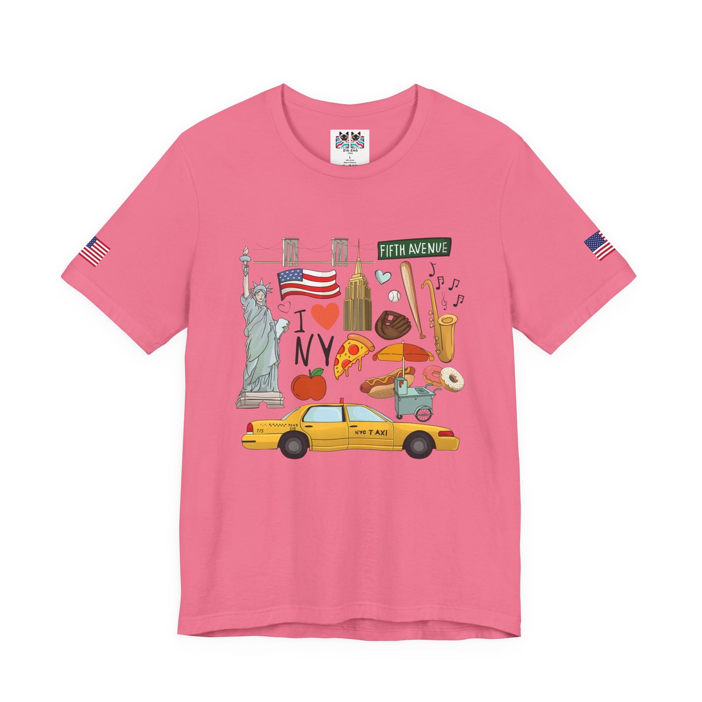 I Love NY T-Shirt - New York City Icons Graphic Tee with Statue of Liberty, Taxi & Food