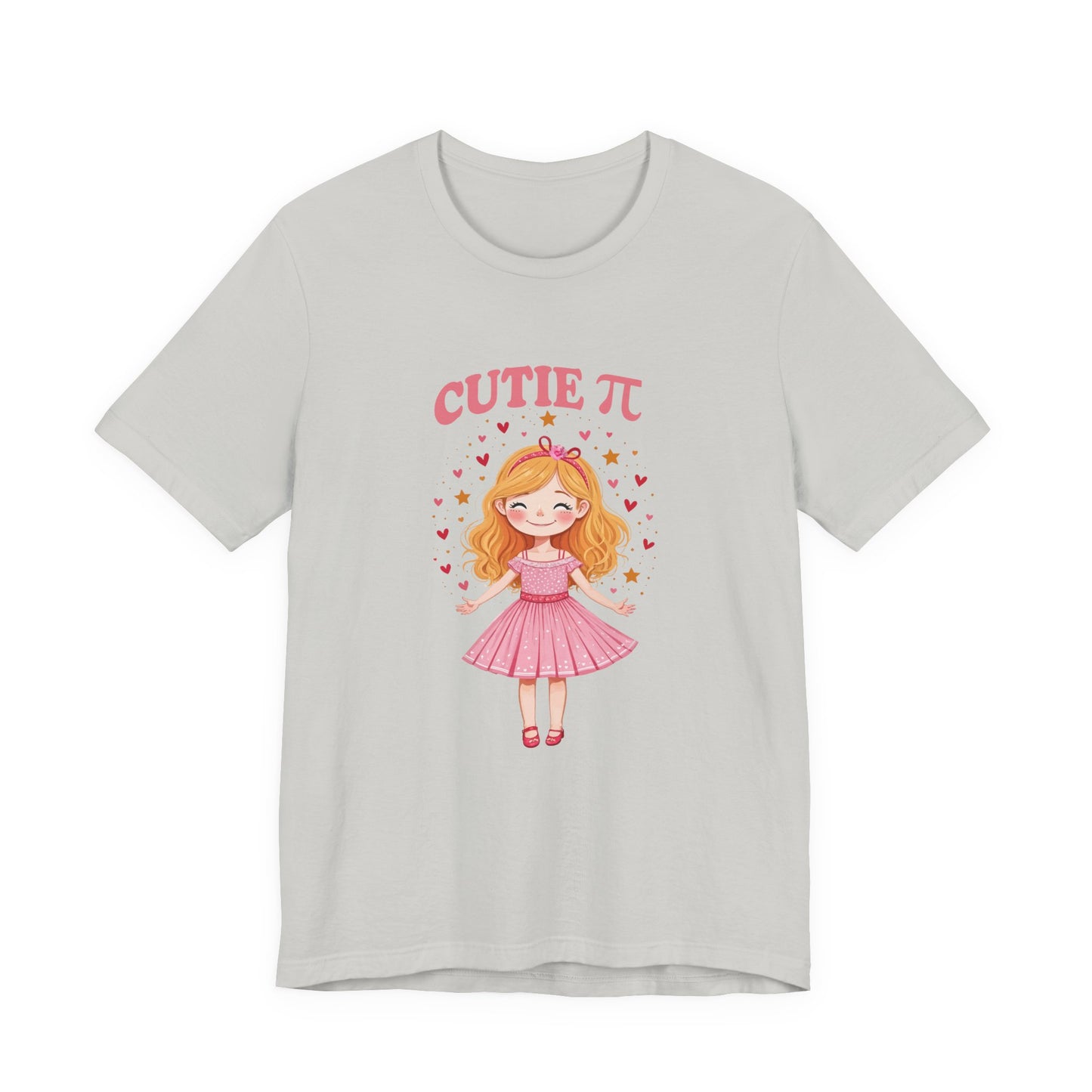 Cutie Pi Tshirt – Happy Girl with Pi Symbol, Hearts, and Stars Graphic