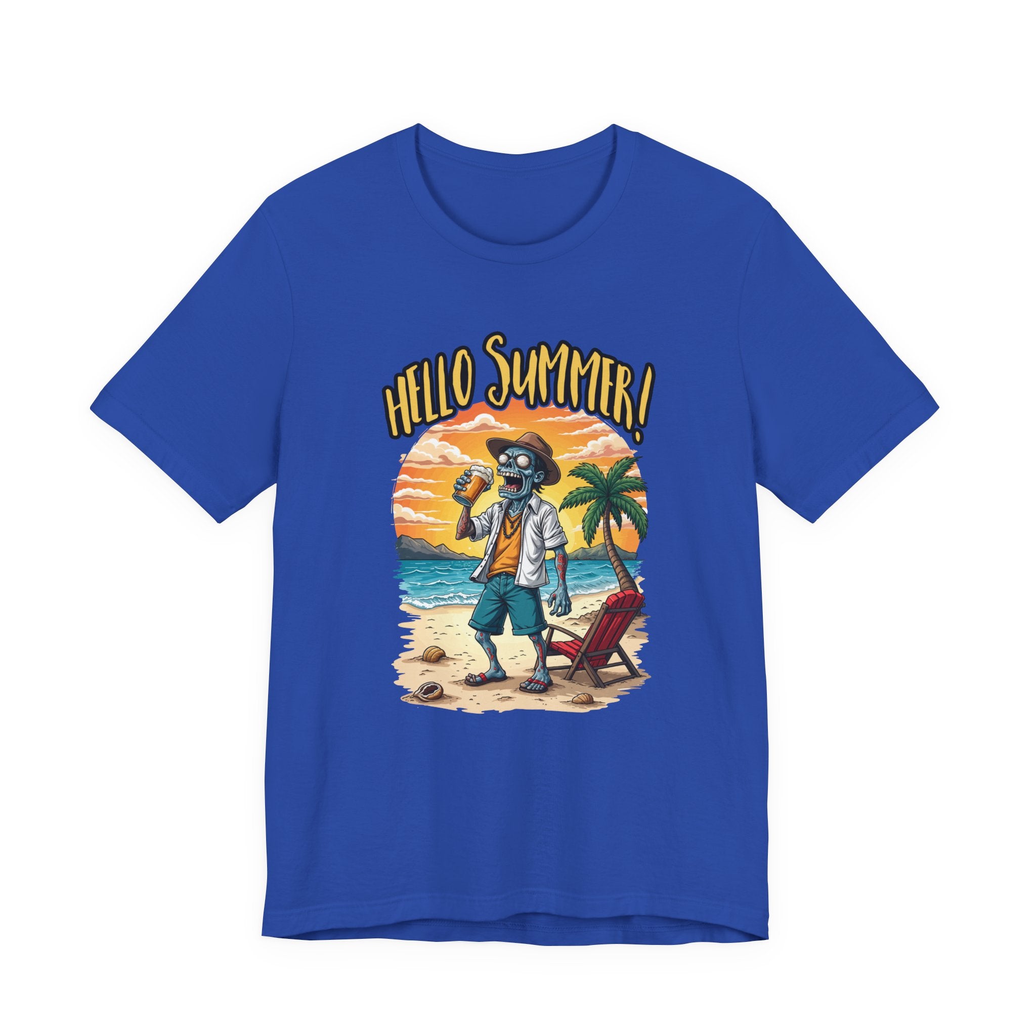 Hello Summer Tshirt Old Zombie with Cap, Beer Glass, Beach, Palm Trees & Reclining Chair