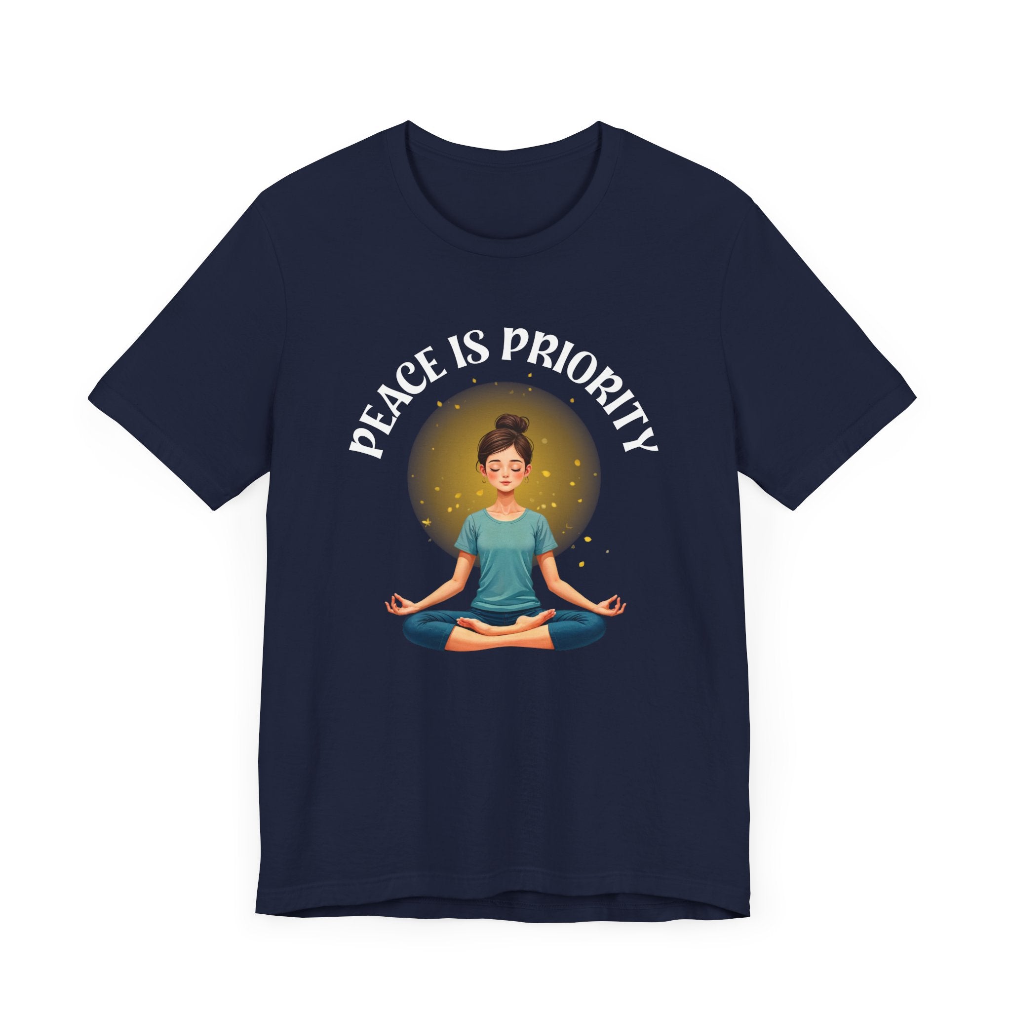 Peace Is Priority – Meditating Woman with Glowing Aura Graphic T-Shirt