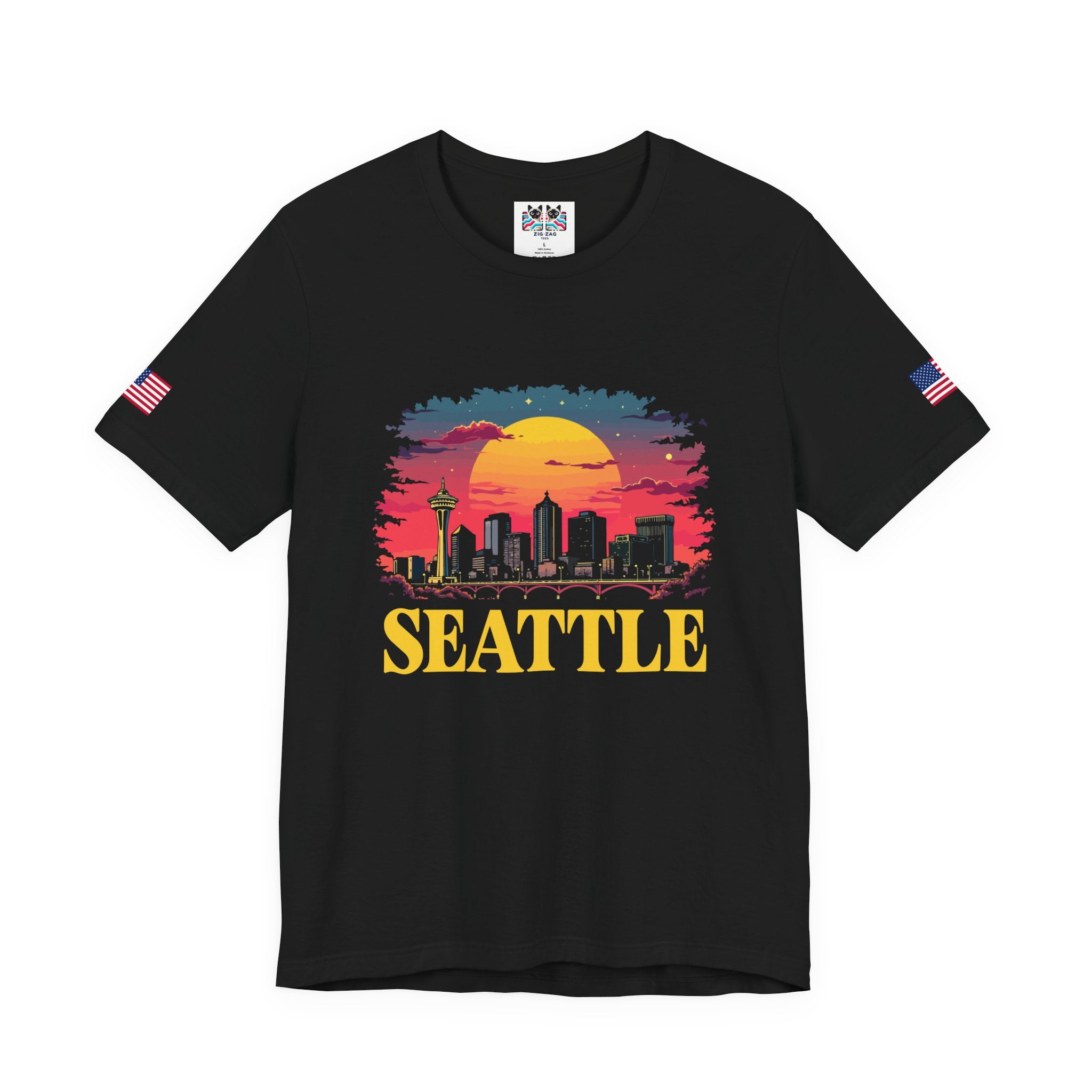 Seattle Retro Sunset Skyline Graphic T-Shirt | Emerald City Space Needle Night Sky Tee | Seattle Souvenir Shirt