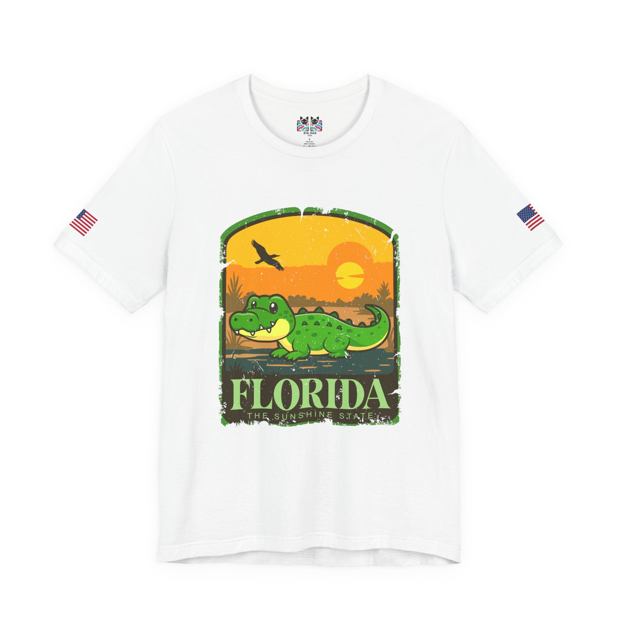 Florida The Sunshine State T-Shirt – Alligator Illustrated Sunset Badge Graphic Tee