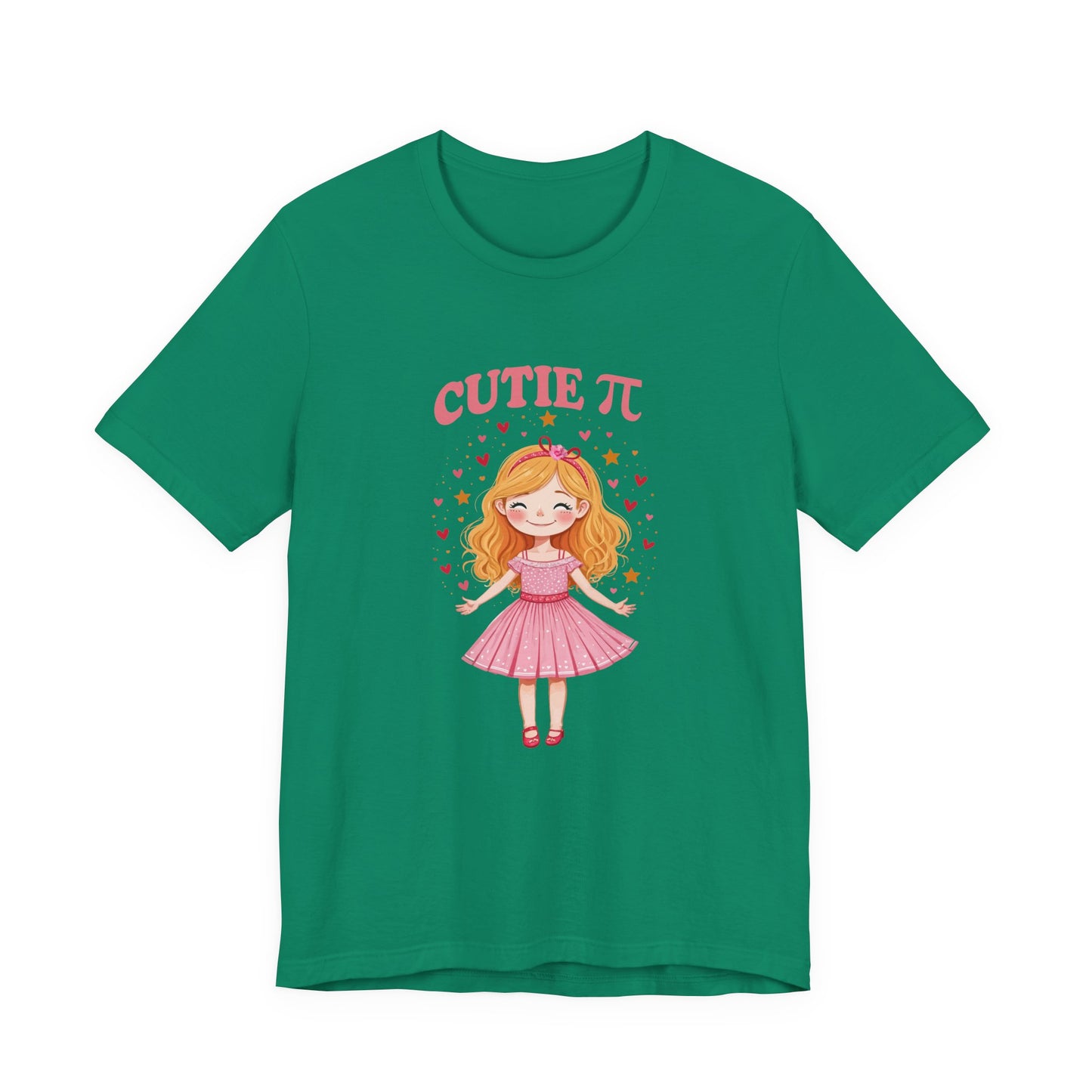 Cutie Pi Tshirt – Happy Girl with Pi Symbol, Hearts, and Stars Graphic